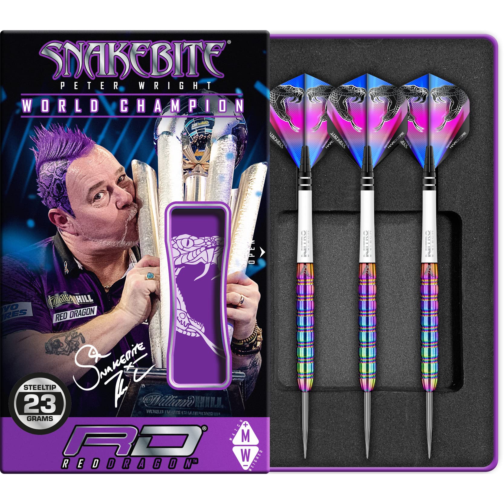 RED DRAGON Peter Wright Snakebite 1-23 Gram Professional Tungsten Darts Set with Flights and Stems