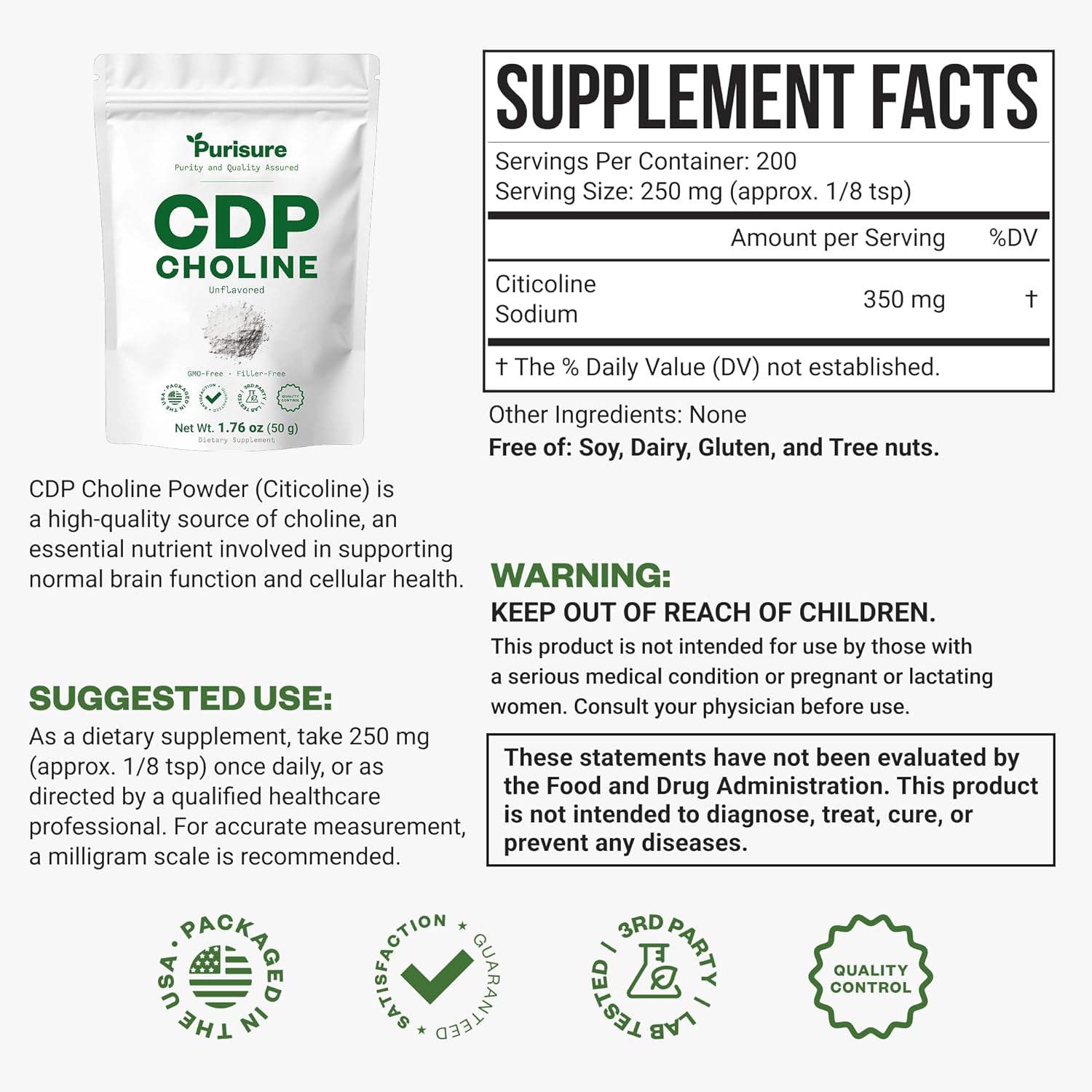 Purisure CDP Choline Powder, 50g, CDP Choline Supplements That Support Attention, Focus, and Energy, Citicoline Powder for Cognitive Function, Increases Motivation and Productivity, 200 Servings