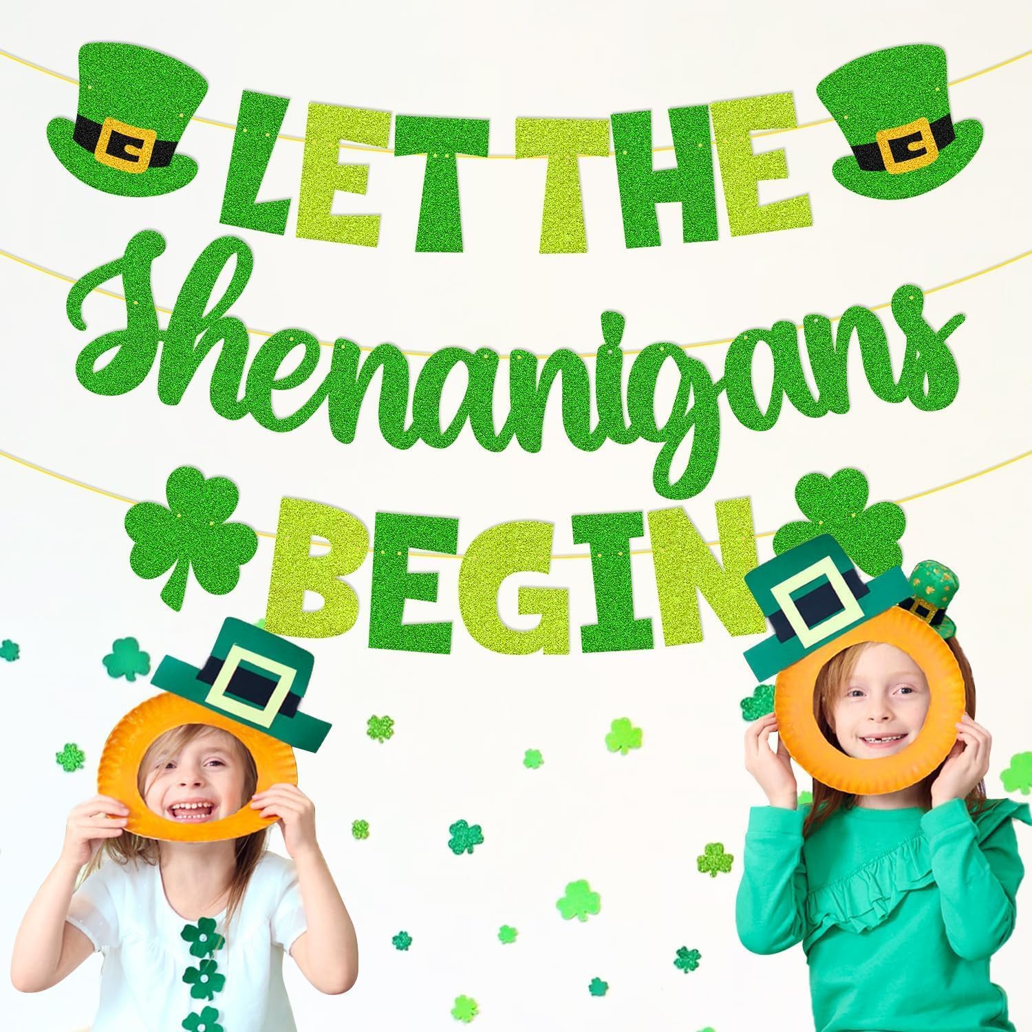 St. Patrick's Day Decoration Let the Shenanigans Begin Banner Shamrock Clover Luck Charm Garland Lucky Pot of Gold Rainbow Party Green Glitter Supplies