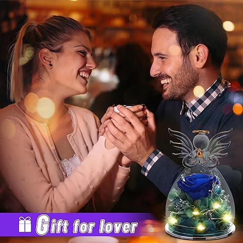 Miniatura 6 de ANLUNOB Rosa preservada para mujer, regalos de cumpleaños, rosa azul para mamá, flor artificial en cubierta de cristal de ángel con luz LED, figuras