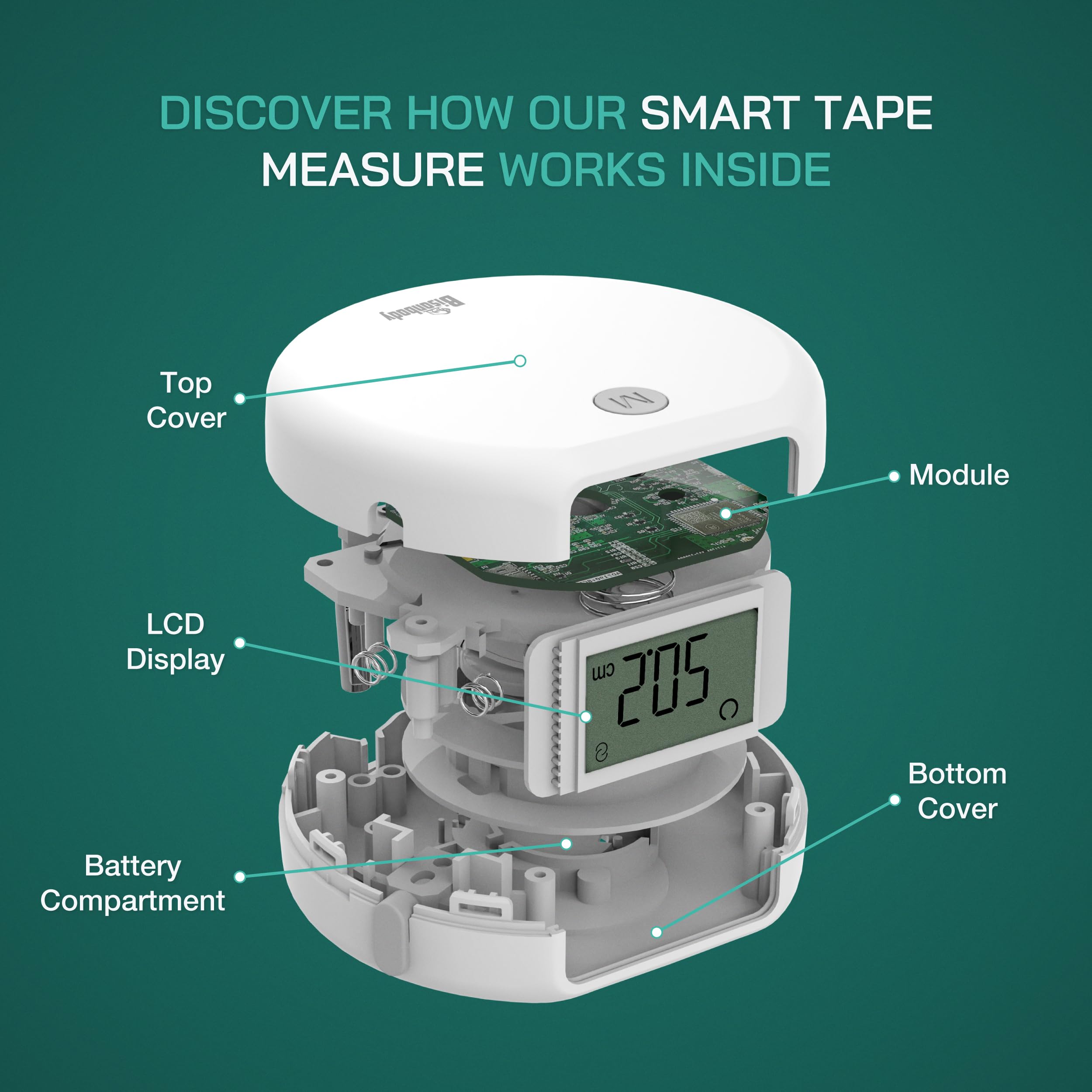 Smart Body - Cinta métrica Inteligente con aplicación, 2 Modos de medición y Unidades, Pantalla LCD Grande, diseño fácil de Usar, para Salud y Fitness