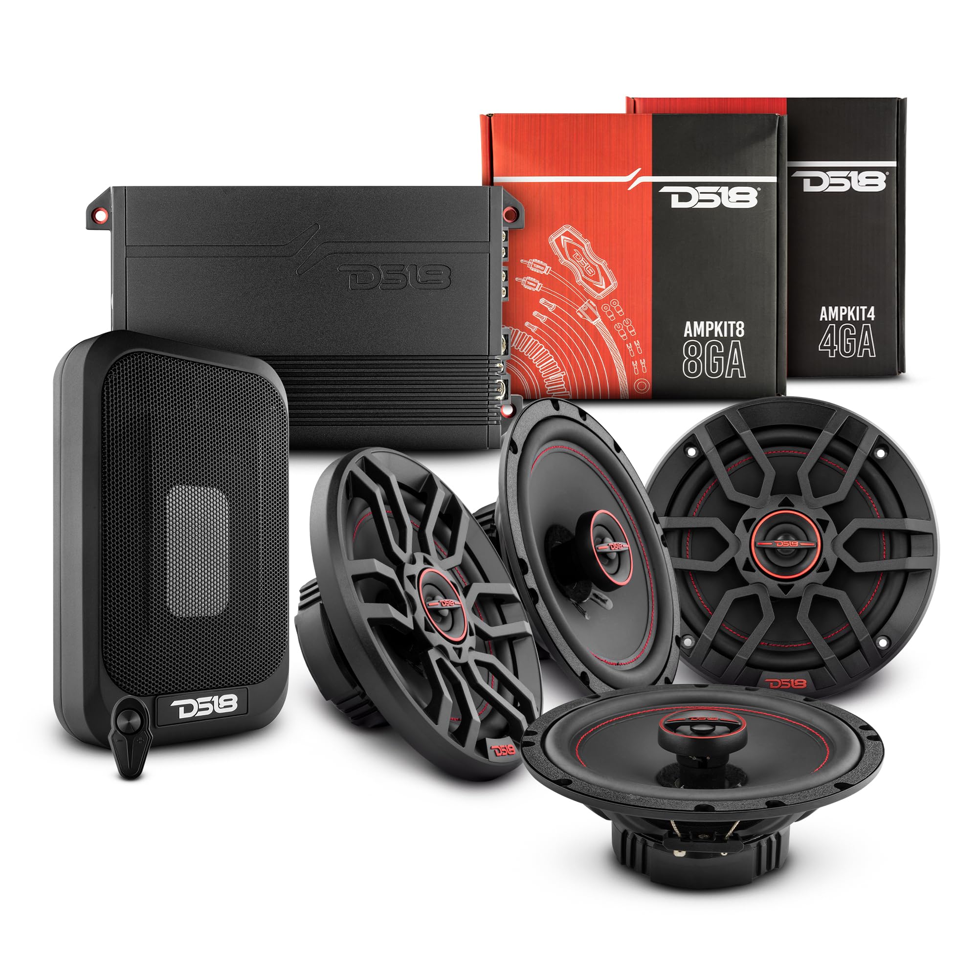 DS18 Complete Car Sound Upgrade - 4X Coaxial Speakers with Under Seat Subwoofer and Amplifier for Immersive Audio