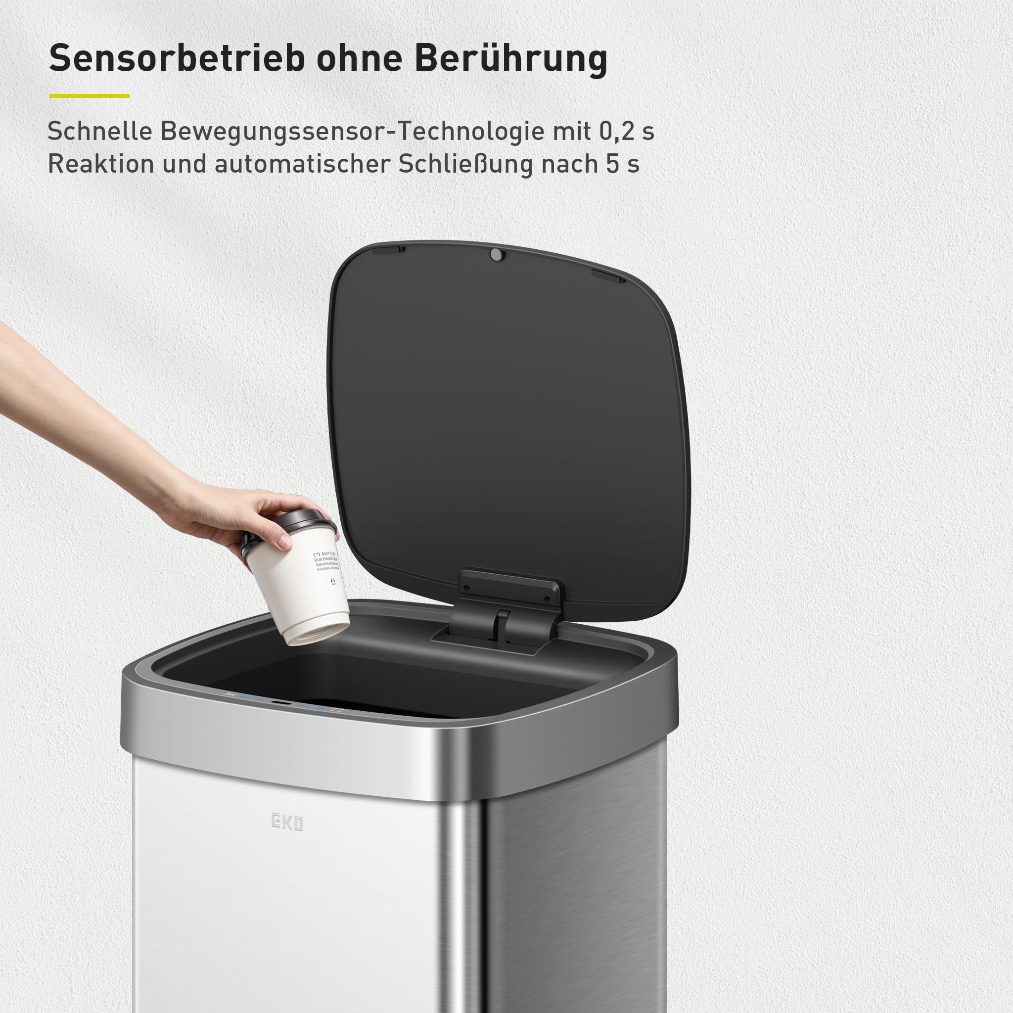 EKO EcoSmart 80L Sensor Mülleimer, großer hoher automatischer Abfalleimer, Soft-Close Deckel, fingerabdruckfrei, speziell für Ecken konzipiert, Edelstahl, elektrischer Mülleimer für Küche und Haushalt