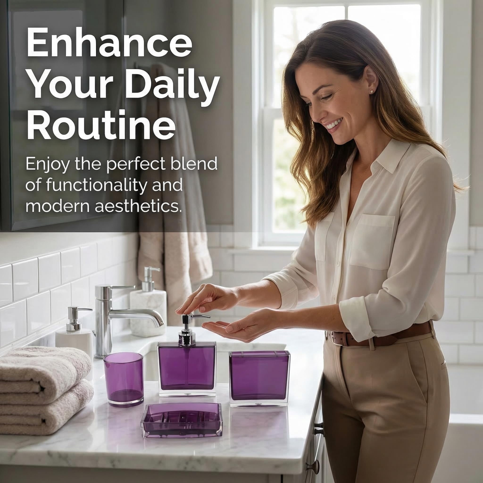 Juego de accesorios de baño, juego de 4 accesorios de baño acrílicos con dispensador de jabón, jabonera, soporte para cepillo de dientes, vaso, decoración moderna de accesorios de baño, regalo para el