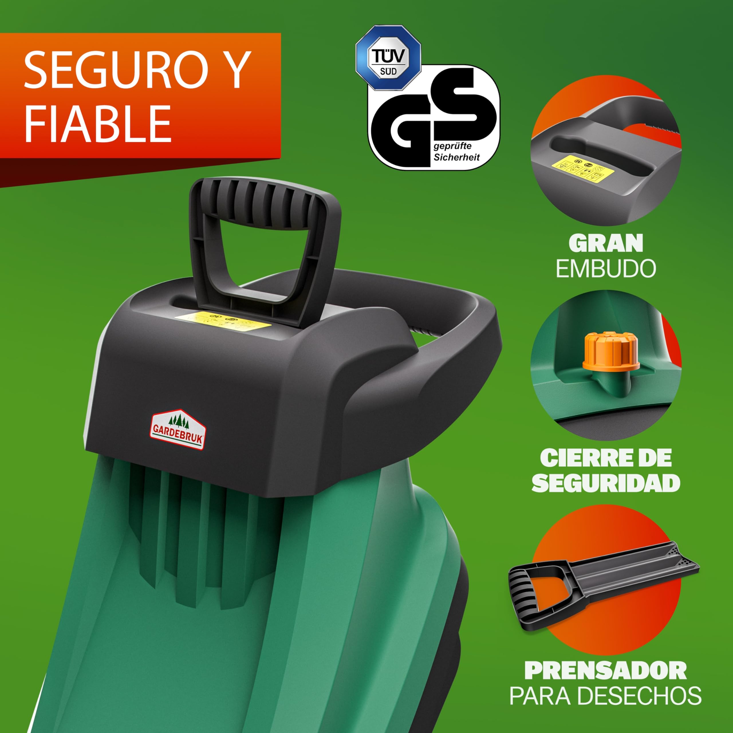 GARDEBRUK® Trituradora de Ramas Ø45mm, Triturador Electrico Jardin, Corta Troncos Leña, 2400W, Bolsa de Recolección 50L, Cuchillas de Acero, Residuos