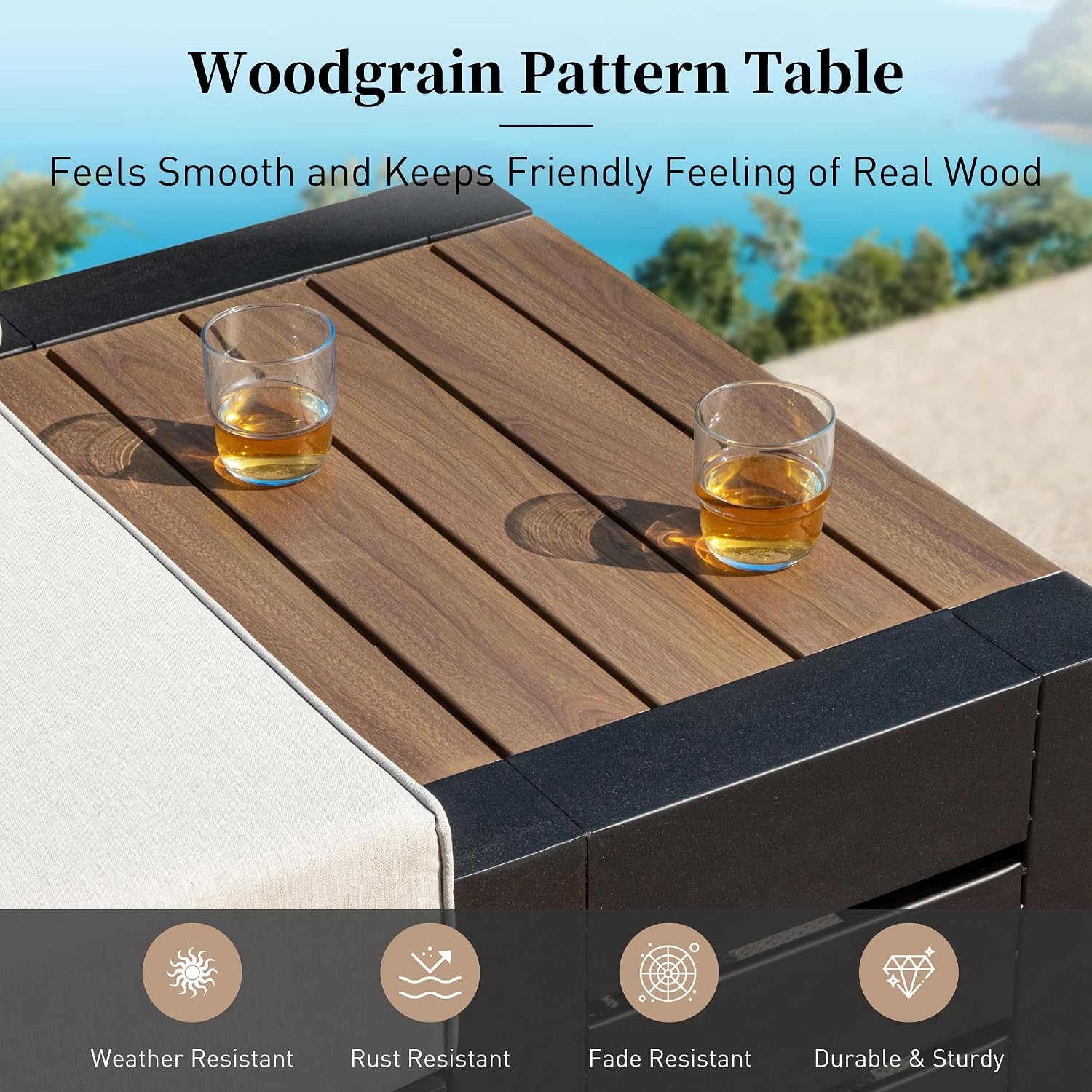 Close-up of the woodgrain pattern table surface with drinks.