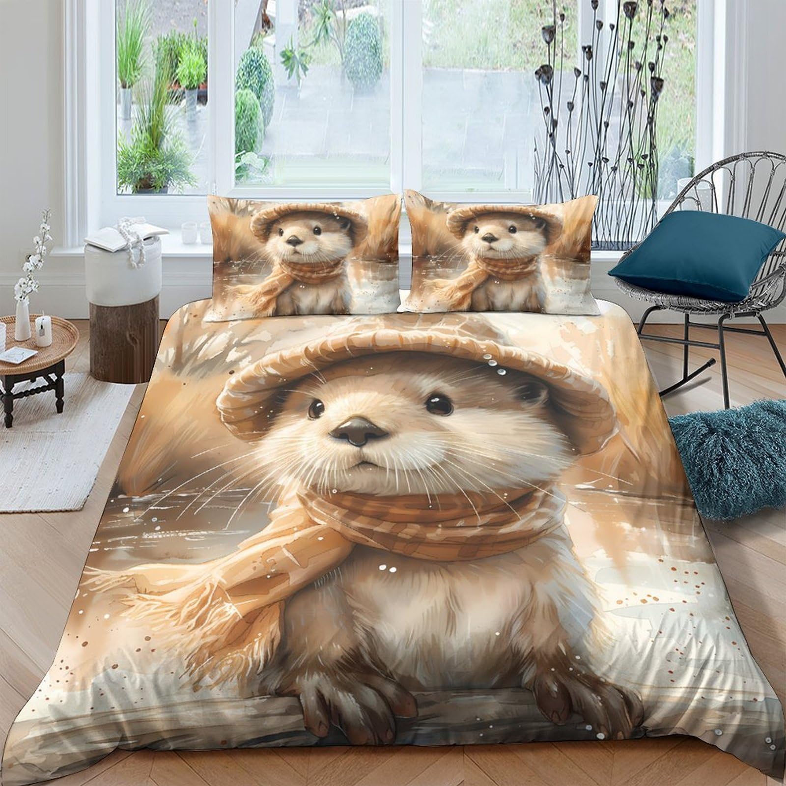 Ctjqhvkz Style-9 3D Printed Cute Otter Fitted Sheet Microfiber Soft Breathable Scarf Animal Mattress Cover Bedroom Decor Single（135X200cm）