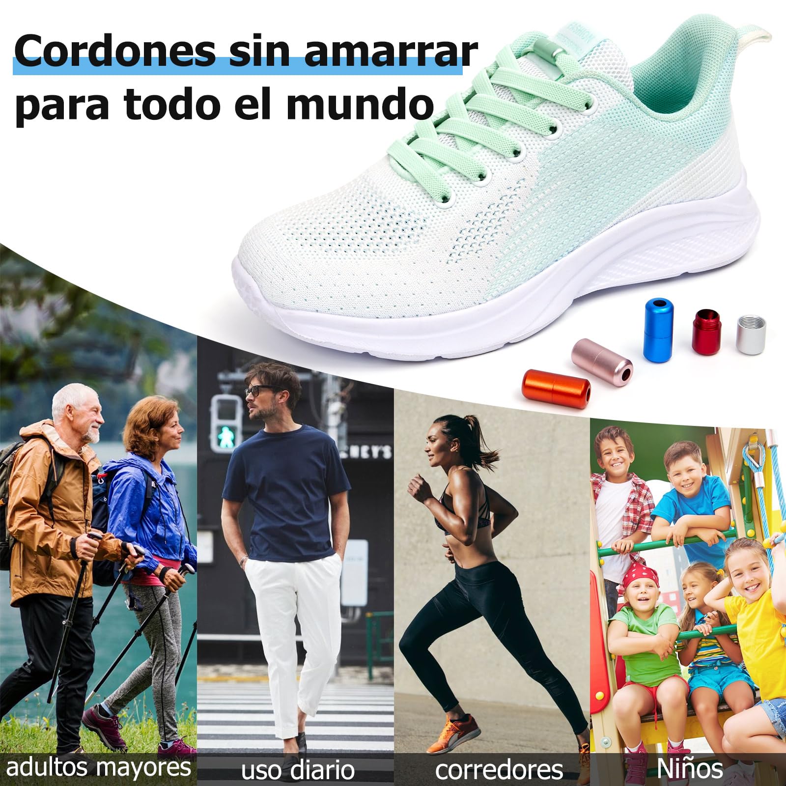 Cordones Elásticos sin Nudo con Hebilla Metal - 2 Pares Planos para Niños y Adultos