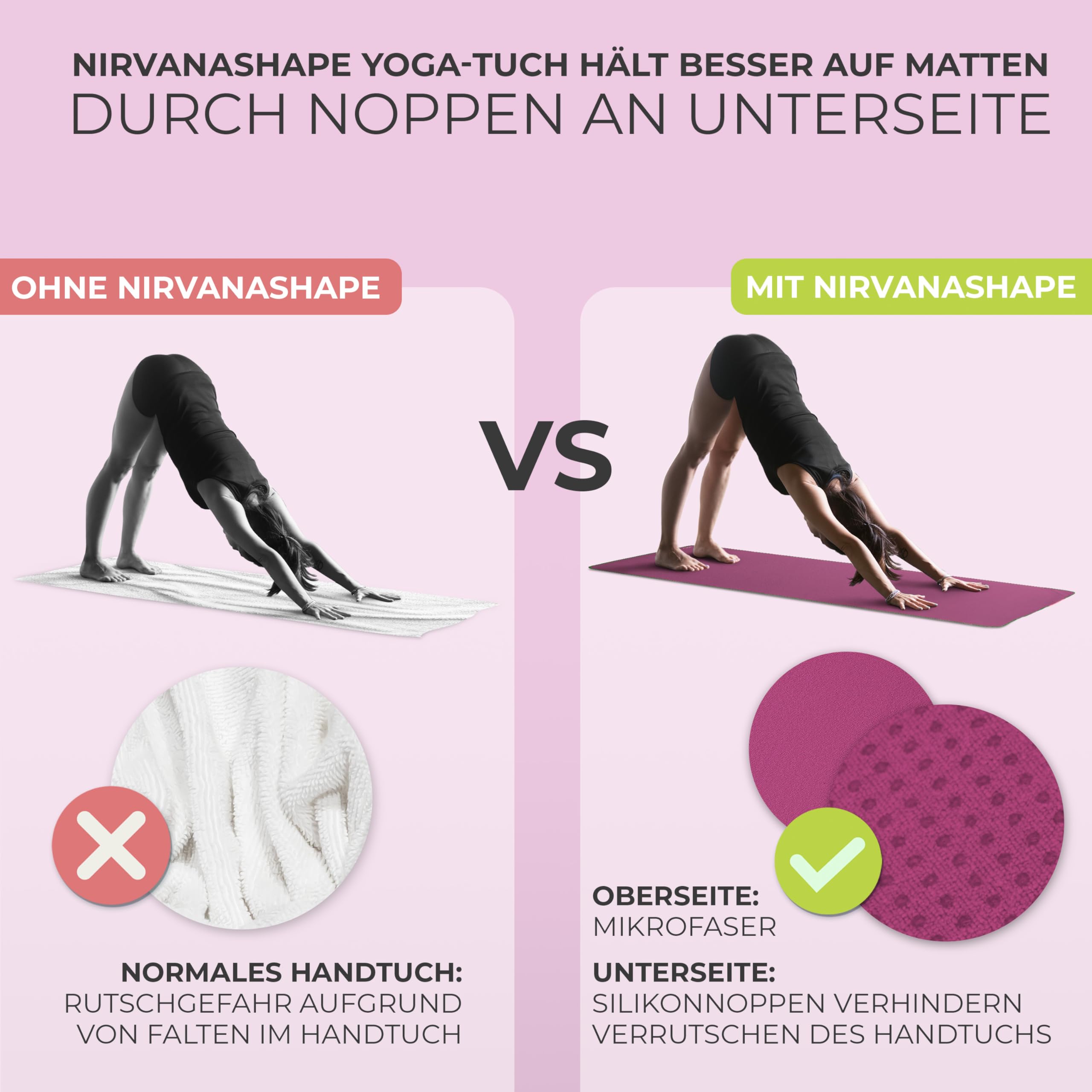 NirvanaShape Yoga Handtuch rutschfest | Hot Yoga Towel mit Antirutsch-Noppen | hygienische Yogatuch-Auflage für Yogamatte [ 185 x 63 cm ]