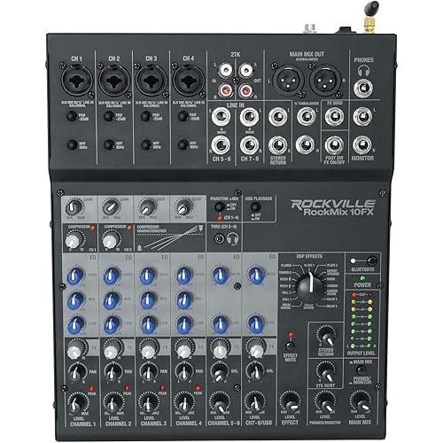 Rockville ROCKMIX 10FX 10-Channel Mixer, USB Recording Interface, Digital Effects, 3-Band EQ, Phantom Power, Bluetooth 5.0, for Home Studio, Podcast, and Live Performance