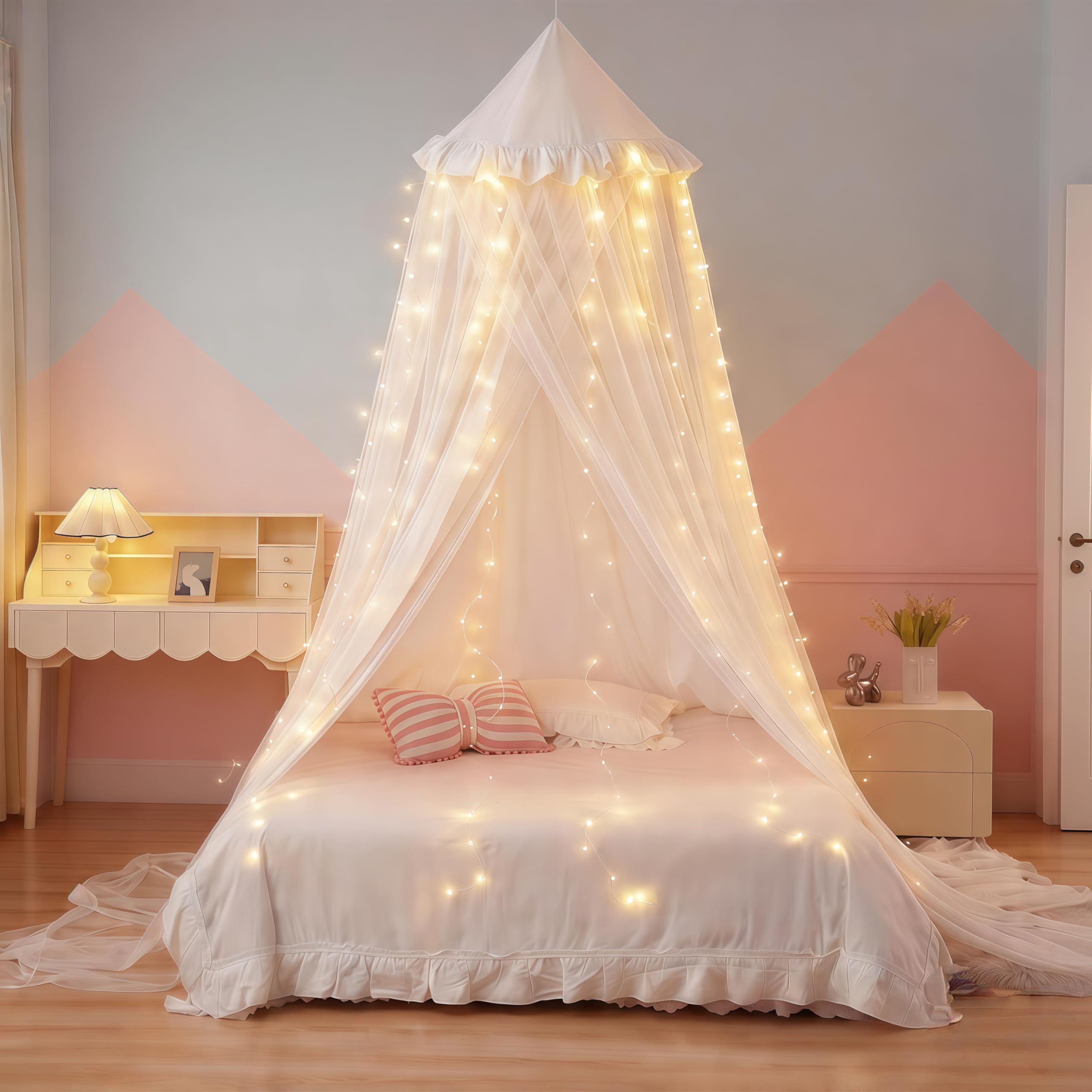Eimilaly Princess Bed Canopy for Girls, Double Layer Canopy with 250pcs Warm White Curtain Lights, Fits Twin/Full Bed - Fairy Bed Tent for Kids Room Decor,White