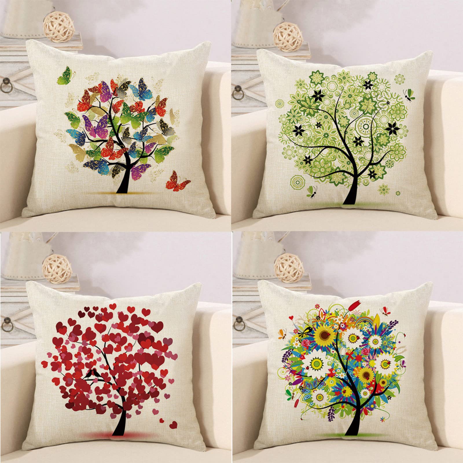 Housses de coussin de canapé décoratifs motif arbre coloré en lin