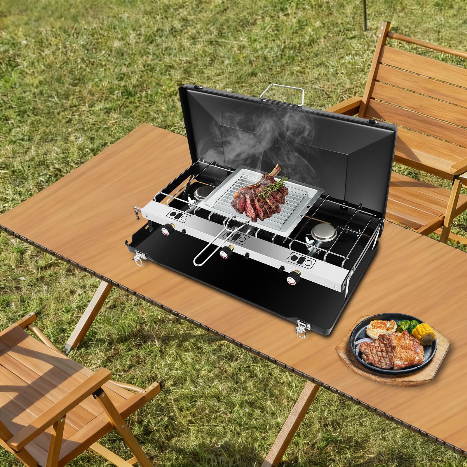 3 Flammiger Gas-Campingkocher Campingkocher Gaskocher 4.5KW Tragbarer Gaskocher Zusammenklappbarer Campingkocher für Camping, Grillabende, Partys, Picknicks