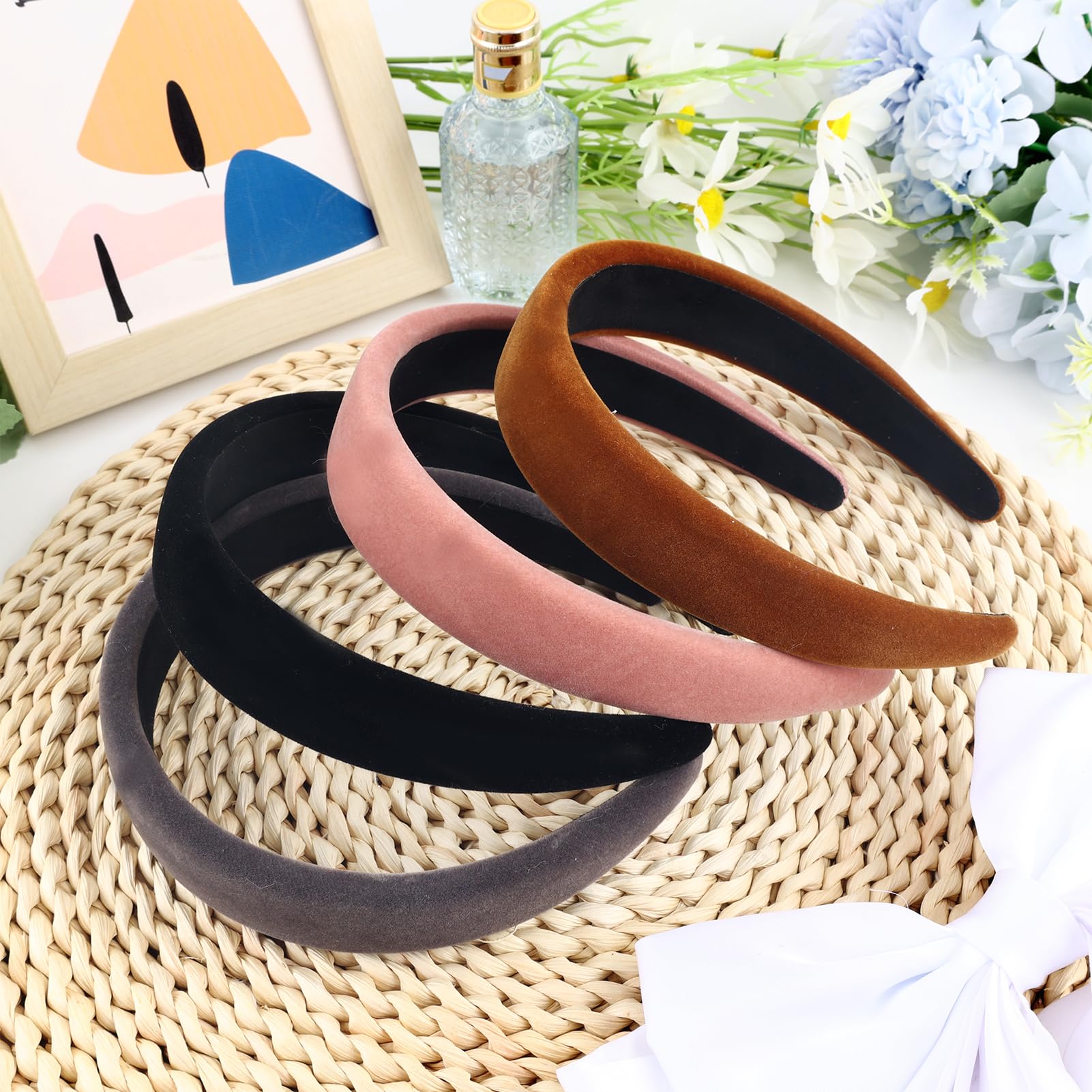 Juego de 4 diademas de terciopelo para mujeres y niñas, paquete de diademas anchas antideslizantes negras gruesas para adultos, bandas acolchadas para el pelo suave, para cabello largo, corto, fino,