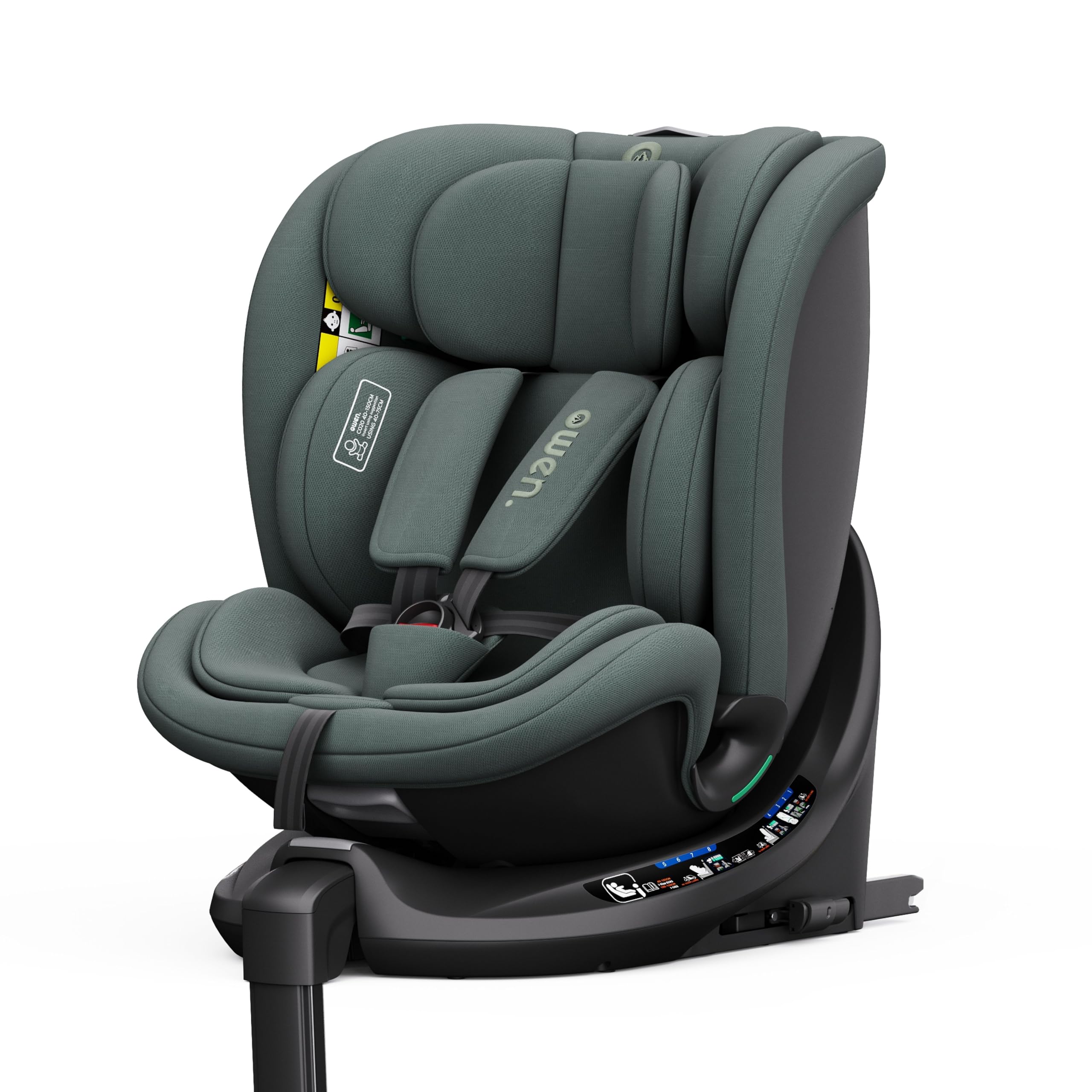 OWEN 360Comfy Kindersitz 360° Drehbar Isofix | ECE R129 i-Size (40-150 cm) | 0-12 Jahre (0-36 kg) | Reboarder mit Seitenaufprallschutz & Sonnenverdeck (Grün)