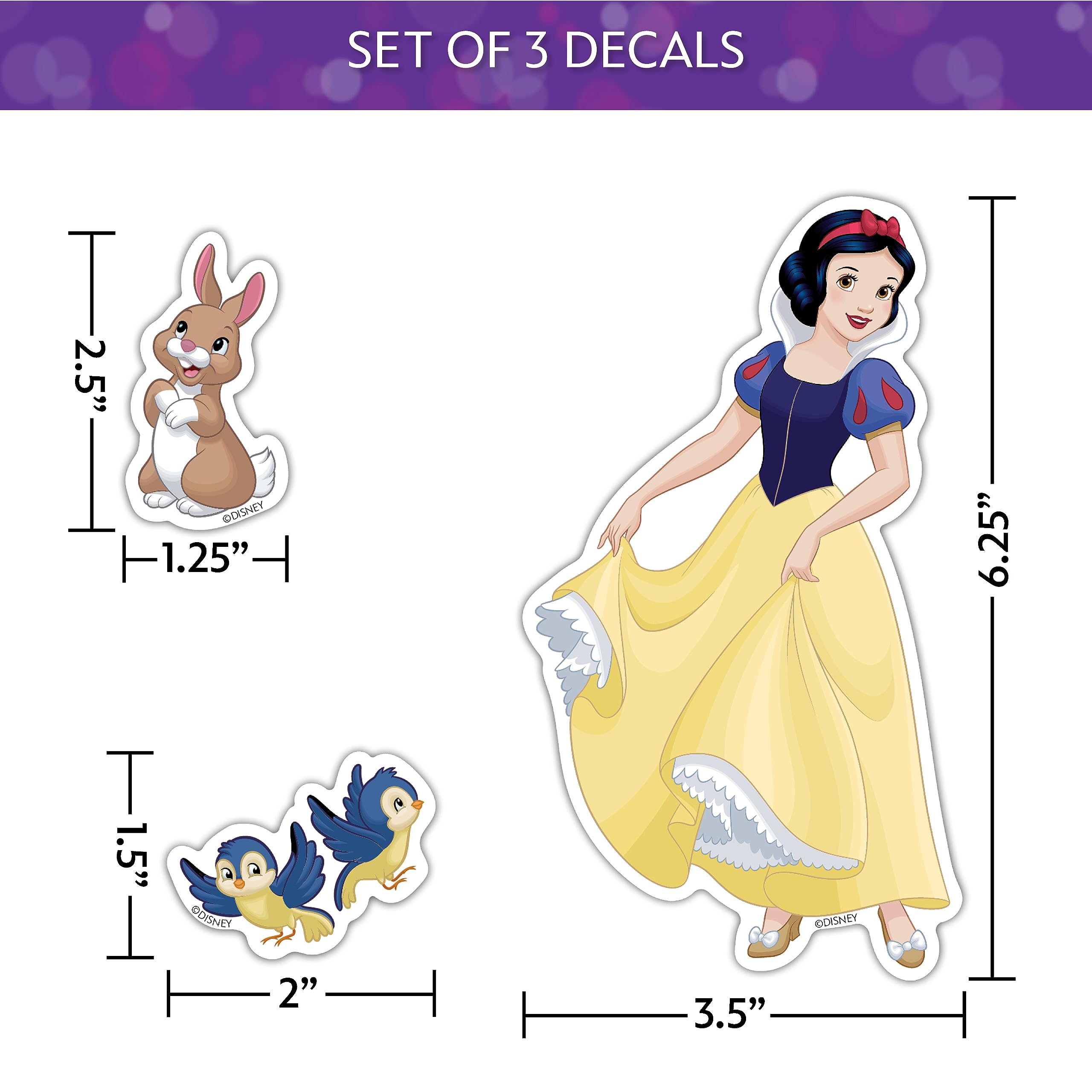 Set di 3 adesivi in vinile con principesse Disney Biancaneve, per auto, borraccia, laptop, skateboard, bici, casco, coniglietto e uccelli