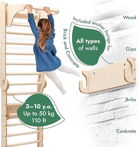 Miniatura 4 de Zona de juegos interior 6 en 1 para niños, pared sueca de madera, escalera de escalada, tobogán, columpio, anillos de gimnasia, pared de escalada