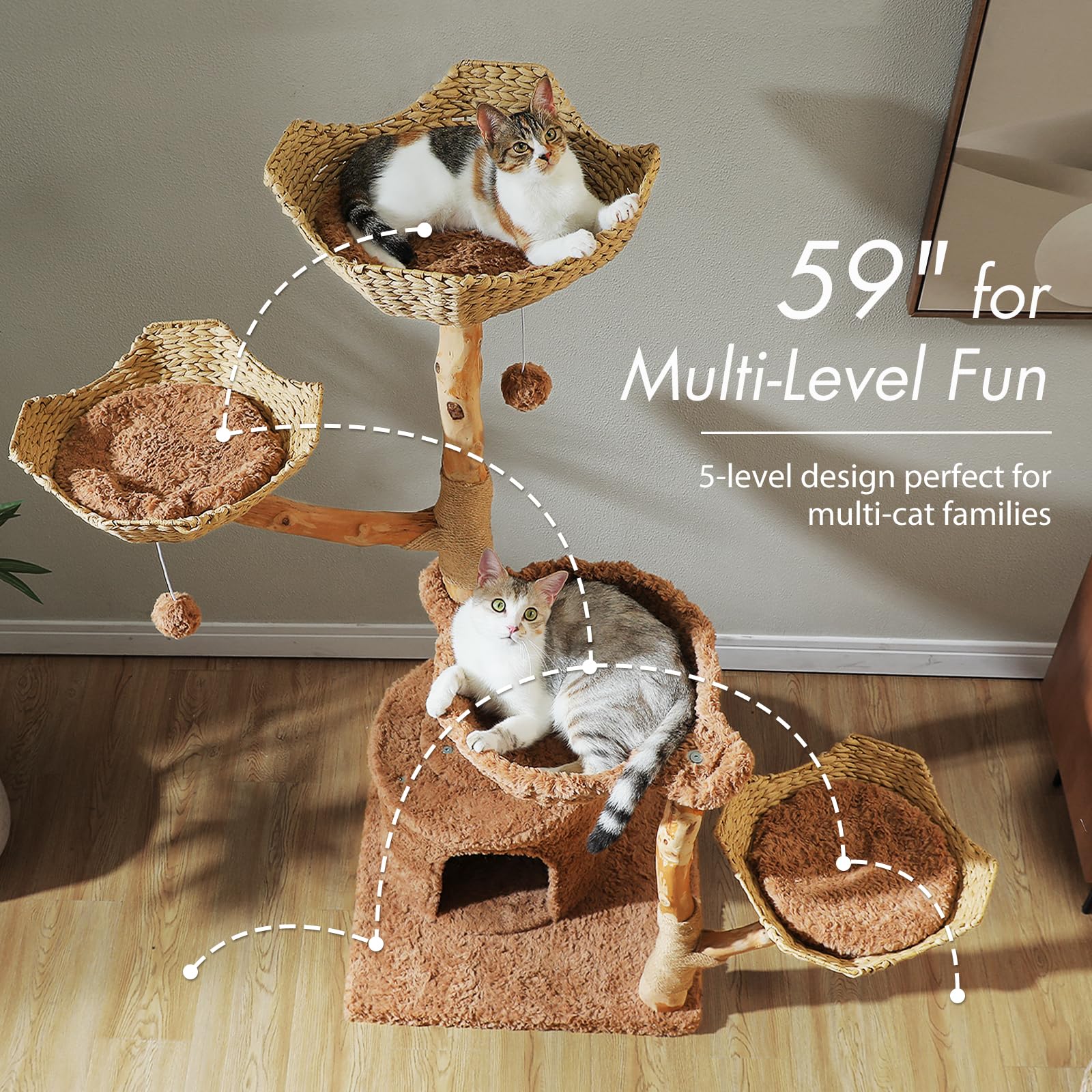 PAWZ Road Cat Tree for Indoor Cats Large Adults, 59 Inches Modern Cat Tower with 3 Large Baskets, Natural Solid Wood, Luxury Condo and Hammock, Modern Furniture for Big Cats, Brown - image 5
