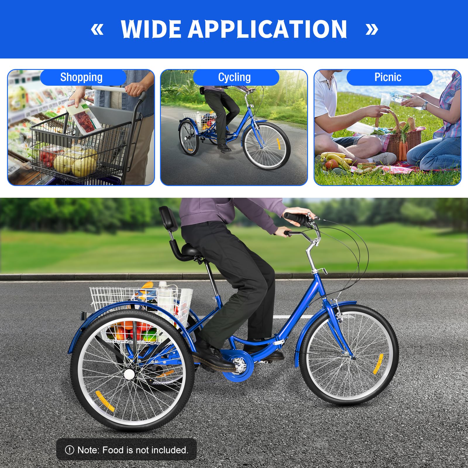 24 Pollici Triciclo per Adulti, 7 Velocità Pieghevole 3 Ruote Cruise Bike in Acciaio ad alto Tenore di Carbonio, Triciciciclo Bici da Crociera con Cestino Mudguard , Capacità di Carico 120kg (blu)