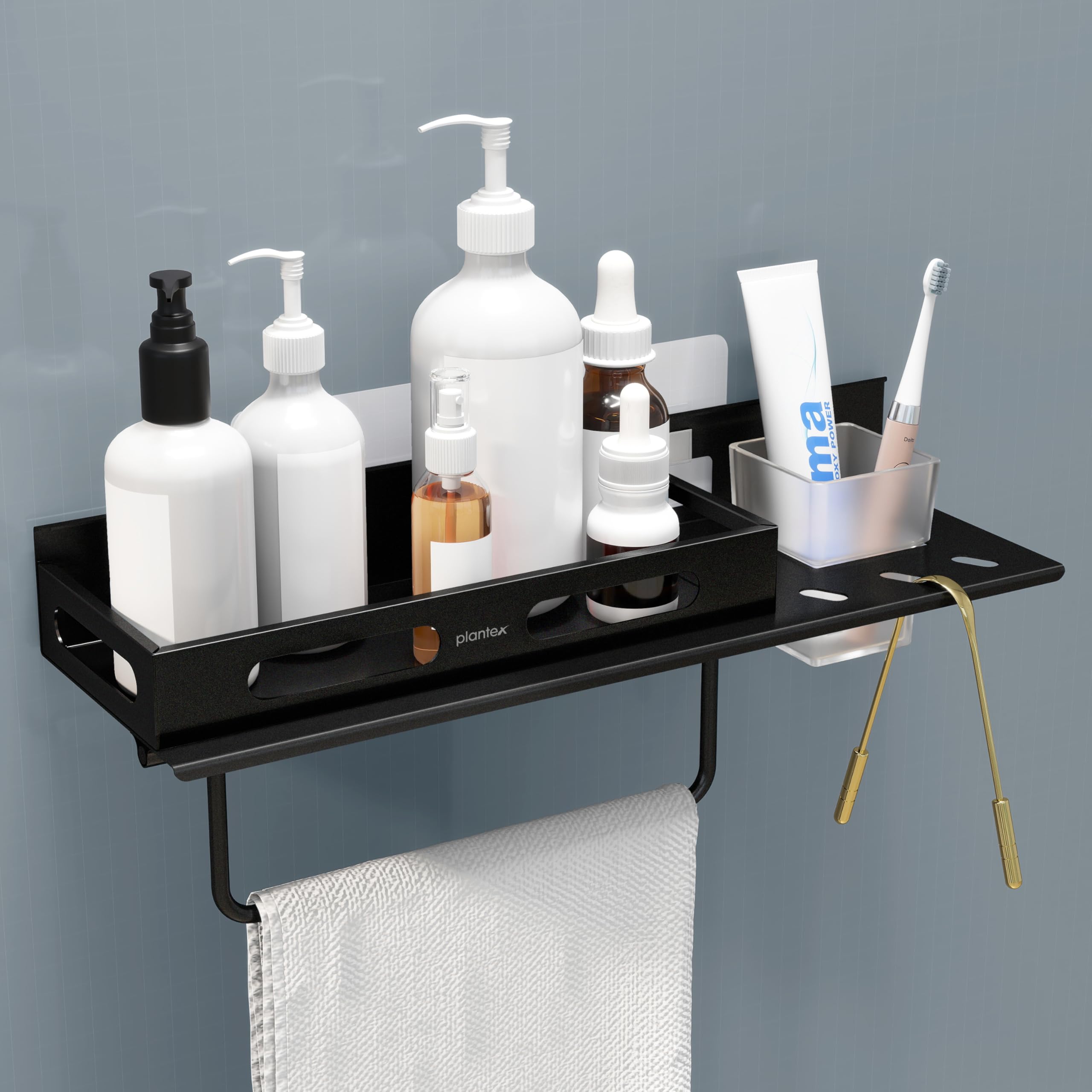 Plantex No Drill Bathroom Organizer/3in1 Stainless Steel Shelf for Wall with Foldable Napkin Holder and Tumbler Holder/Self Adhesive Bathroom Shelf -(Black-15 Inch)-image-15