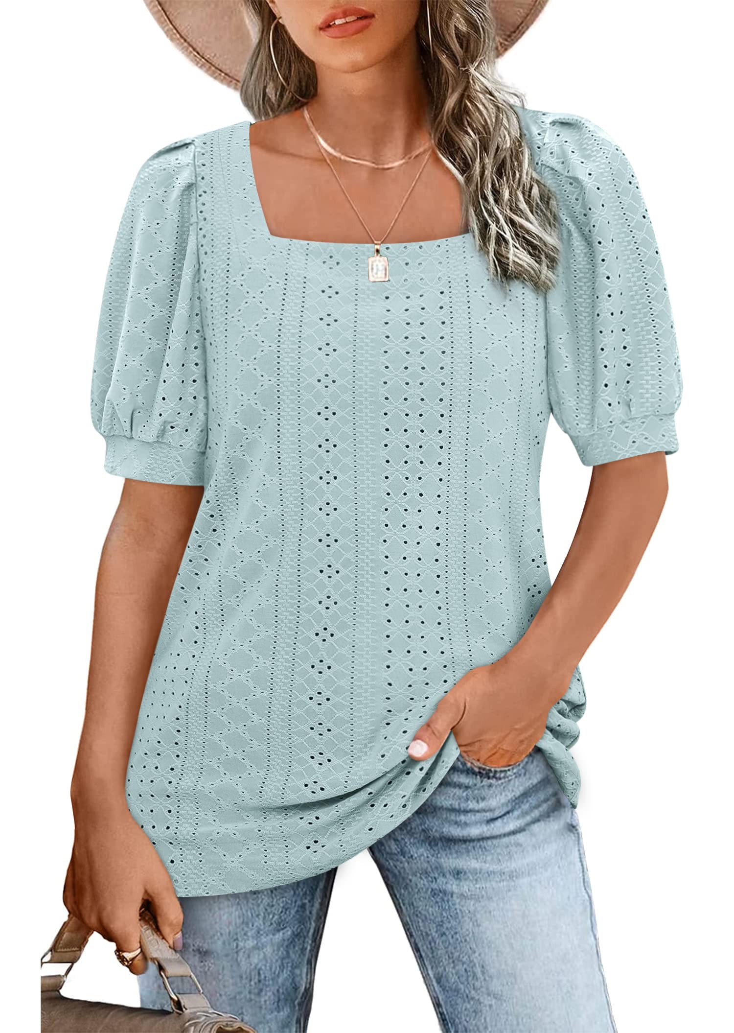 BZB Womens Summer Tops 2025 Square Neck Short Sleeve Tunic Tops Eyelet T-Shirts S-2XL