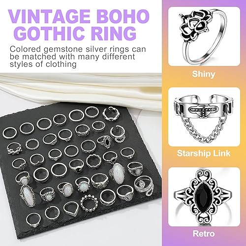 Miniatura 3 de Juego de 42 anillos de plata vintage para nudillos, anillos punk góticos alternativos para mujeres y hombres, ajustables, apilables, grunge, emo,