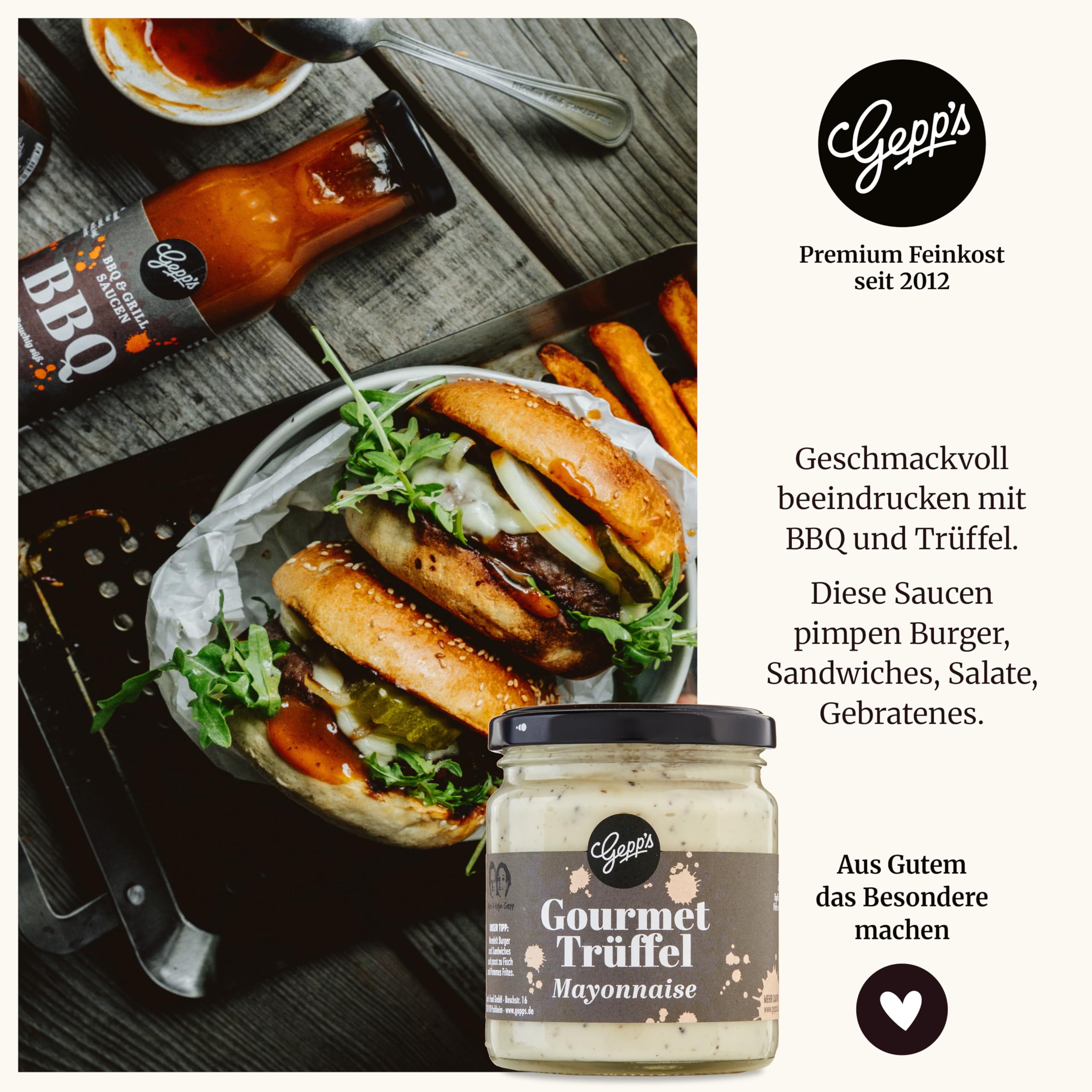 Gepp’s Feinkost Burgerbox Geschenkset mit Grill- und BBQ-Saucen, Texas BBQ Rub und Brioche