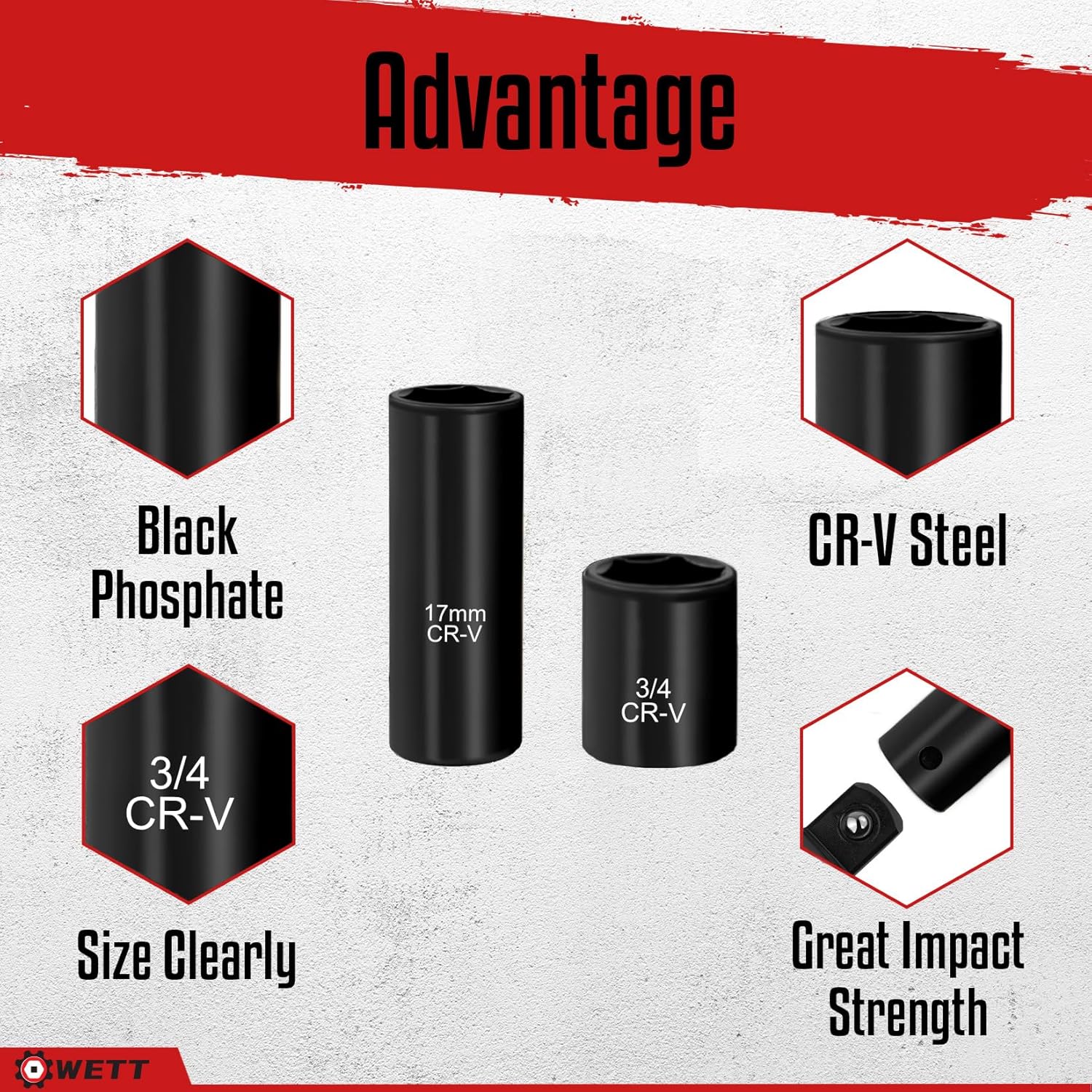 WETT 48-Piece 3/8" Drive Impact Socket Set, SAE/Metric, Deep/Shallow Sockets (5/16"-3/4", 8-22mm) with 3", 6" Extension Bar, 3/8" Universal Joint, 3/8" to 1/2" Adapter, Cr-V Steel, 6 Point