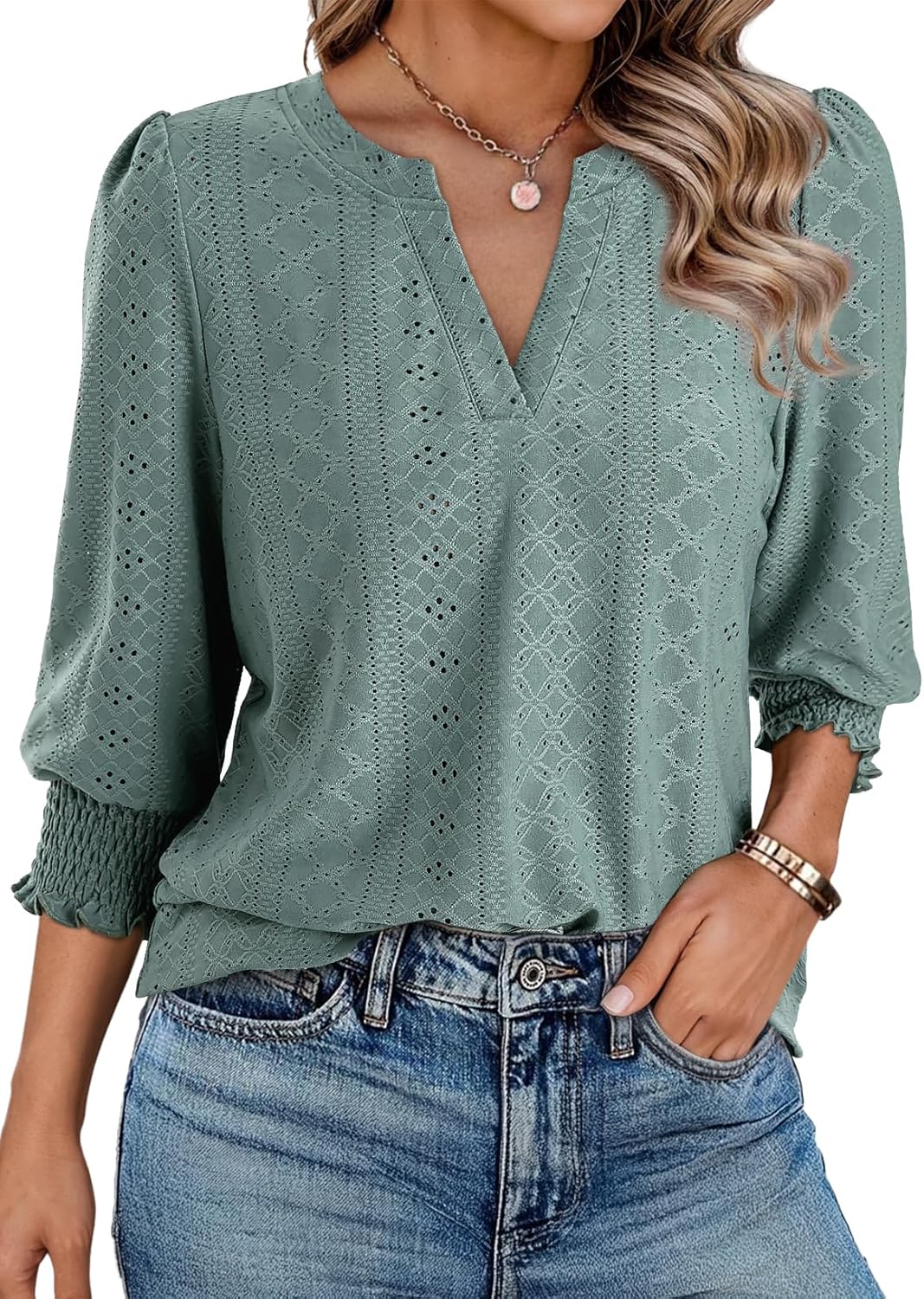 Dokotoo 3/4 Length Sleeve Womens Tops Dressy Casual V Neck Cute T-Shirts Hollow Out Blouses