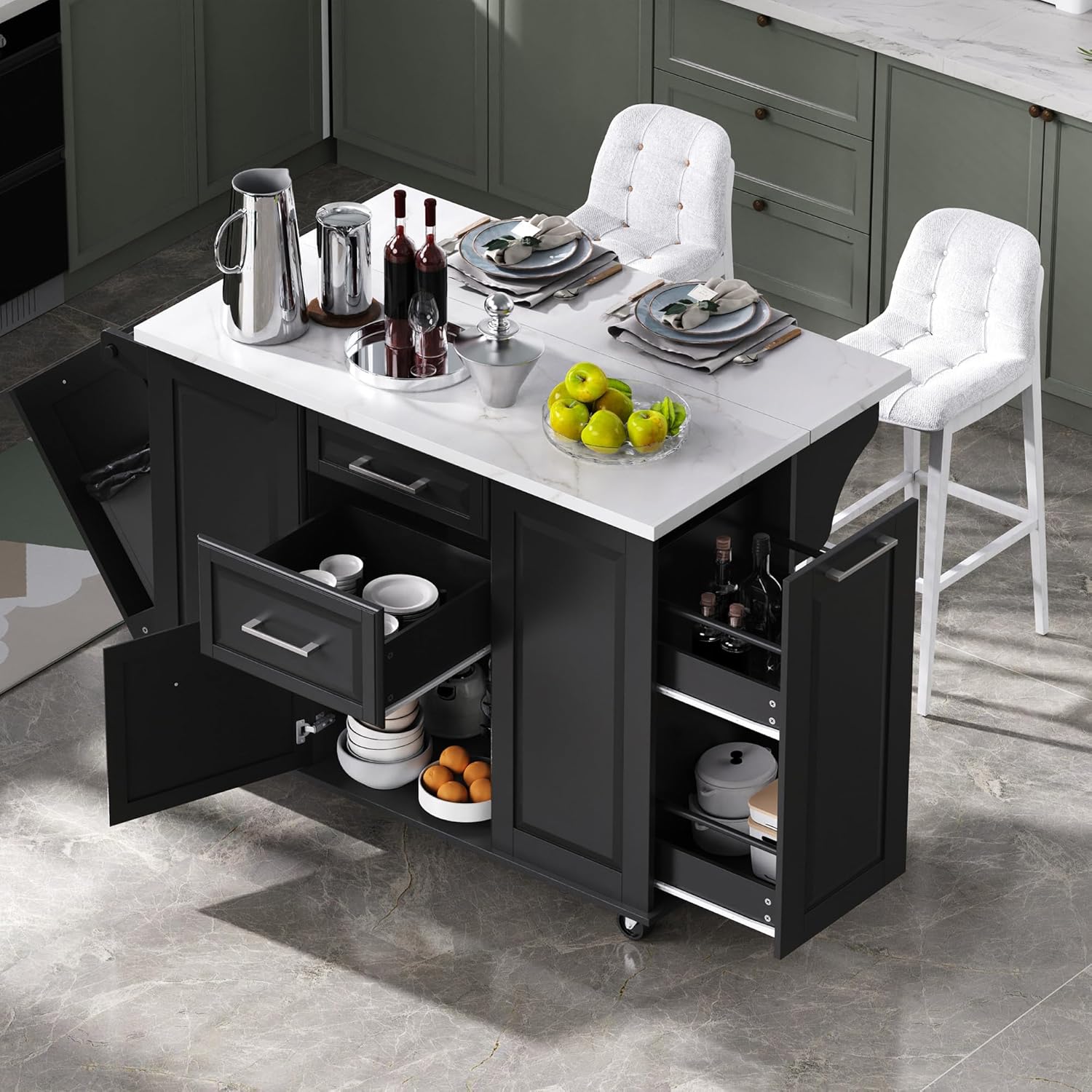 Storage Kitchen Island Cart with Trash Can & 2 Drawers, Rolling Island Table with Pull Out Cabinet Organizer & Drop Leaf, for Kitchen, Dining Room, Living Room, Home Coffee Bar Corner(Black)