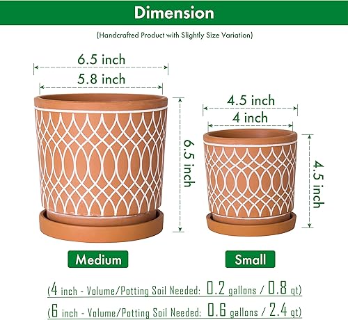 Miniatura 3 de Juego de 2 macetas de terracota, diseño de patrón de línea, 4 pulgadas y 6 pulgadas, maceta con agujero de drenaje y bandeja