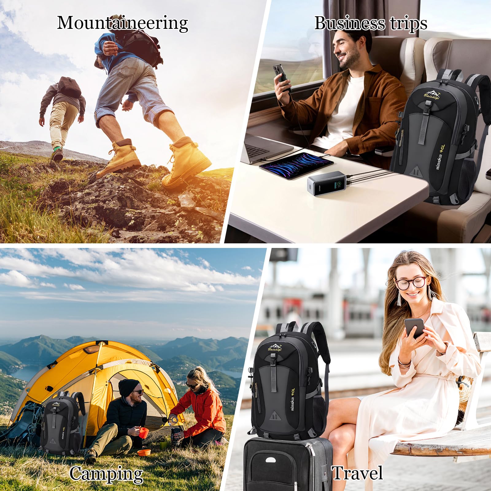 Zimoer Plecak turystyczny 40 l, lekki plecak trekkingowy, wodoodporny plecak podróżny na kemping, do trekkingu, wspinaczki górskiej, jazdy na rowerze, sportów na świeżym powietrzu, dla mężczyzn i