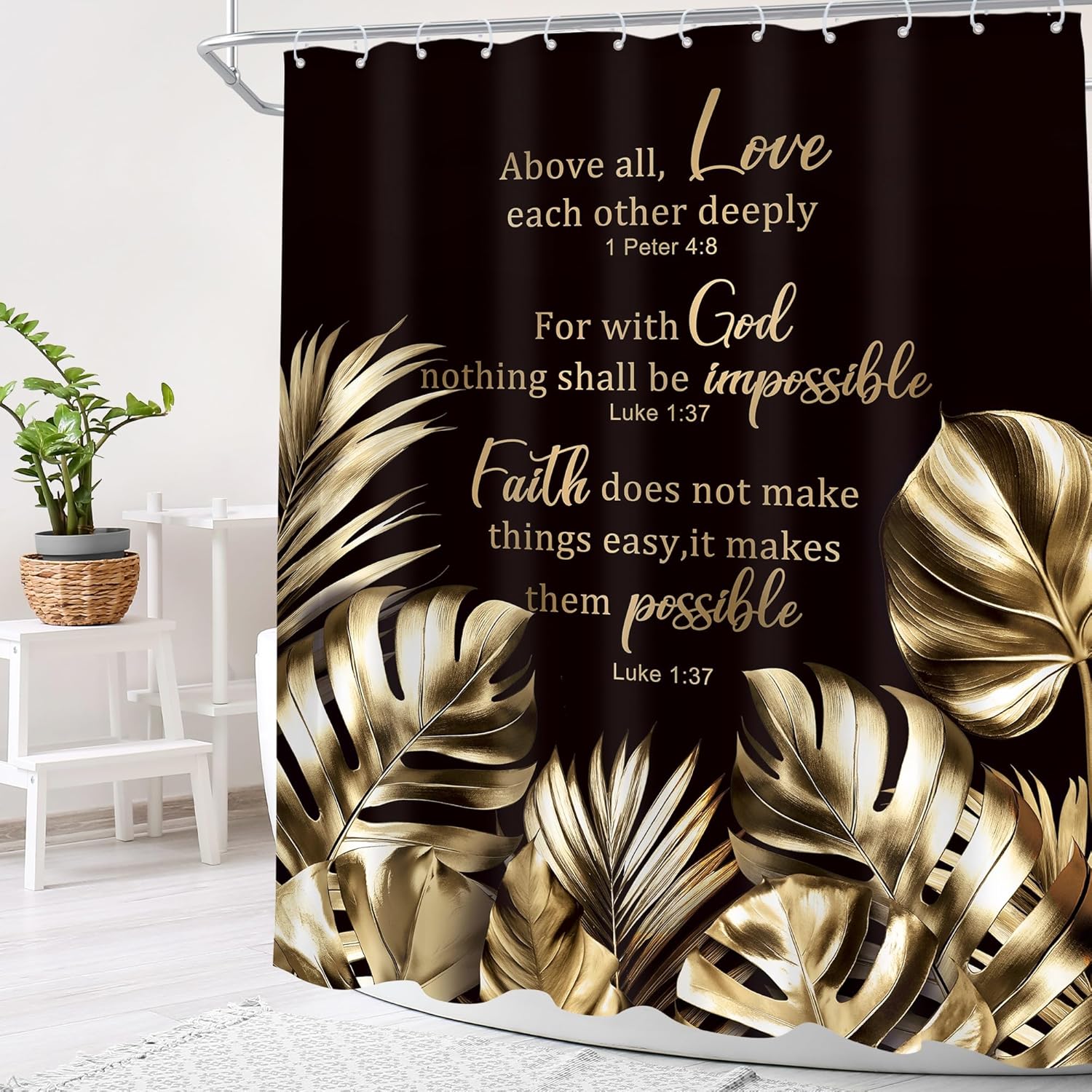 Cinbloo Black and Gold Shower Curtain 72Wx72H Modern Christian Bathroom Decor Tropical Bible Verse Monstera Quotes Palm Leaves Neutral Bath Curtain Fabric with 12 Hooks