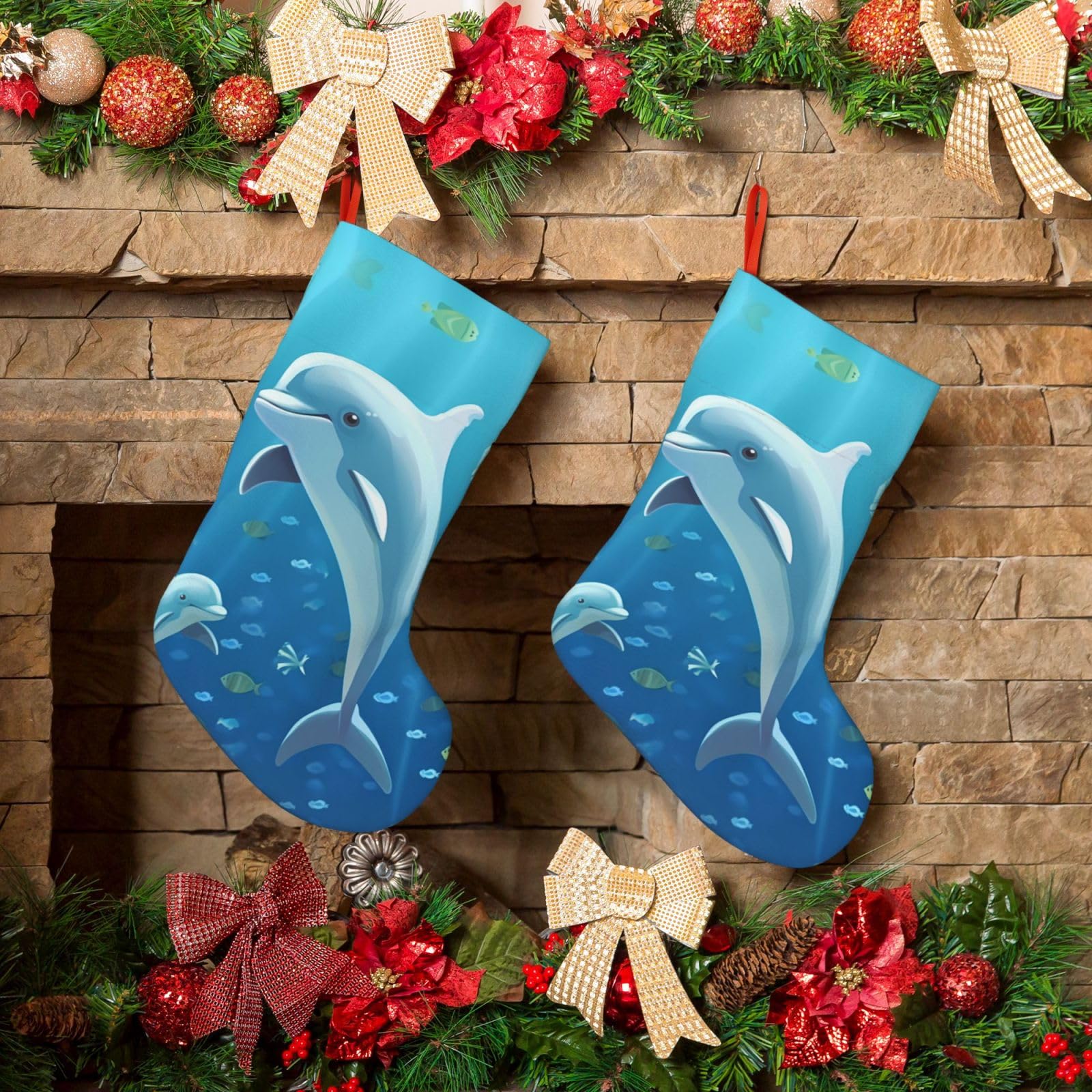 Fodpand Boys Black Dolphin Christmas Stockings Hanging Ornaments For Holiday Decor, 18 Inches Velvet Fireplace Hanging Xmas Stocking, Candy Gift Bags For Christmas Decorations