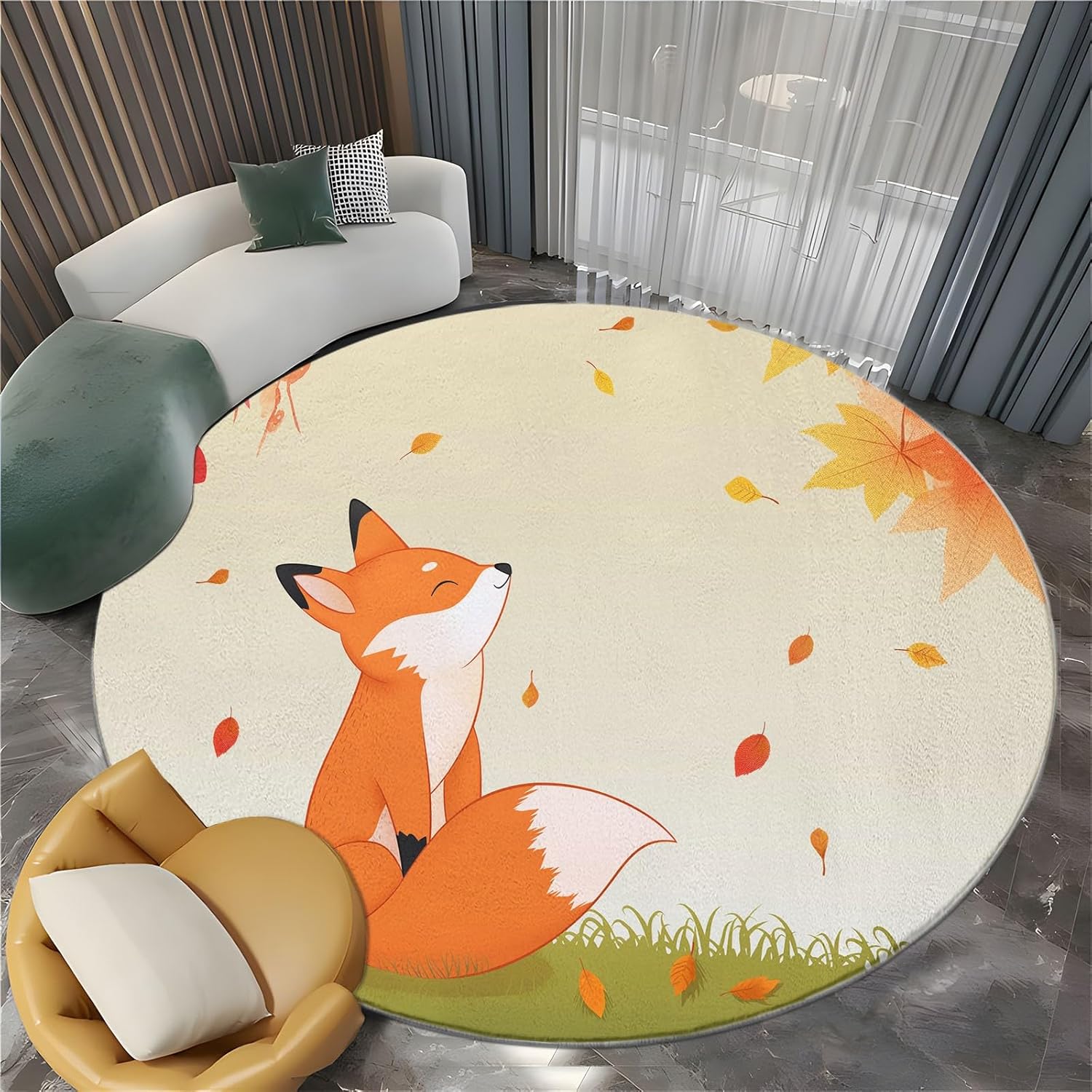2 ft Round Area Rugs for Living Room, Washable Non-Slip Cartoon Animal Fox Leaves Rug, Low-Pile Grass Animals Print Circle Carpet for Bedroom Dinning Room Entrance Farmhouse Indoor Home Decor