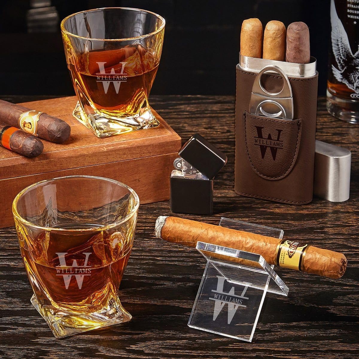 Custom 6pc Cigar Gift Set with Twist Glasses by HomeWetBar - Cigar Lover, Whiskey and Cigar Gift,