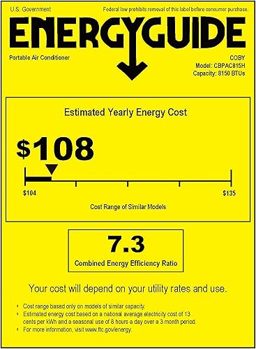Energy Guide label for Portable Air Conditioner, Model CBPAC815H, showing estimated yearly energy cost of $108 and Combined Energy Efficiency Ratio of 7.3