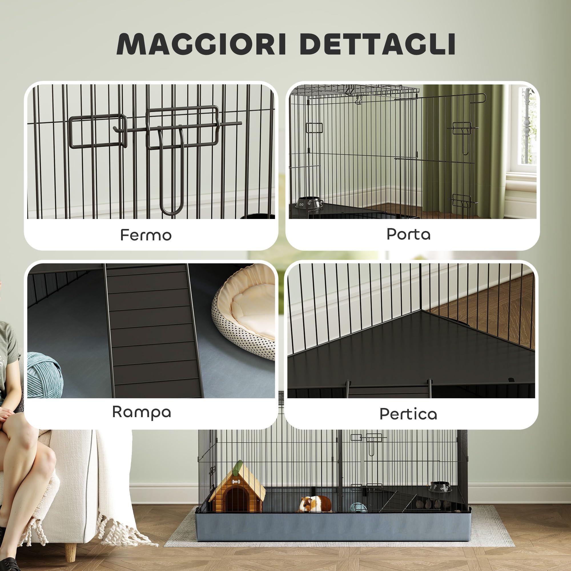 PawHut Gabbia per Animali Piccoli 2 in 1 Recinto Conigli 121x61x61 cm Nero | Porcellini d'India, Coperchio Rimovibile, Fondo Impermeabile, Gabbiette Separate, Porta Centrale, Rampa