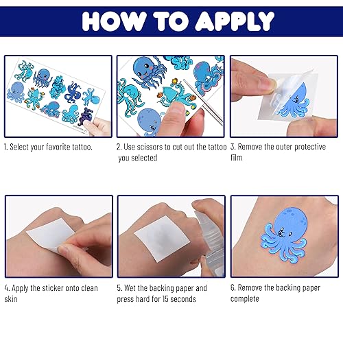 Miniatura 7 de 100 piezas temáticas de pulpo, regalos de fiesta de cumpleaños, suministros de decoración, pulpo, océano, mar, tatuajes temporales, calcomanías para