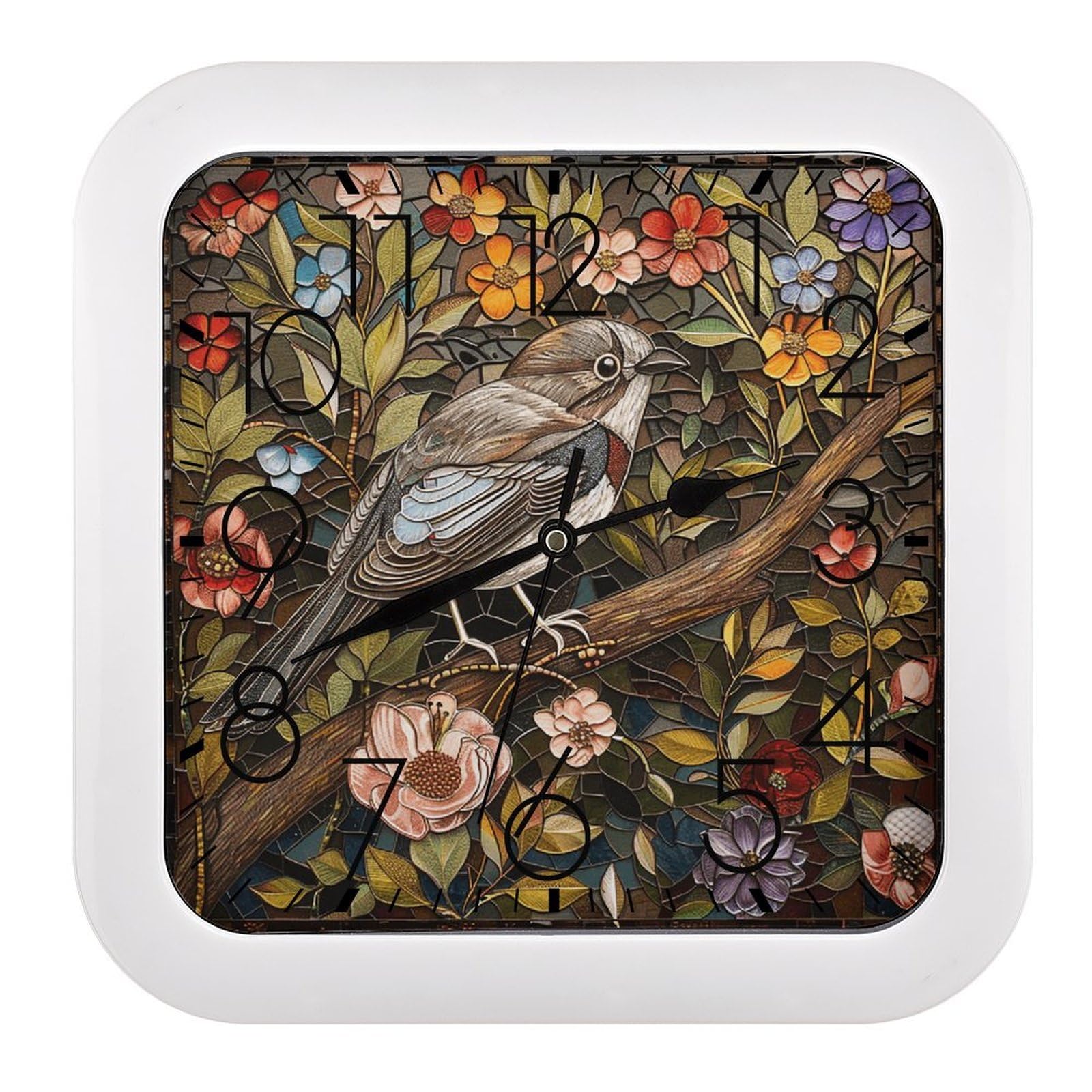 NTVOWPZO 10 Inch Wall Clock Bird Perched on Branch Battery Operated Wall Clocks Silent Non-Ticking Square Wall Clock for Living Room Kitchen Home Office Wall Decorative Clocks