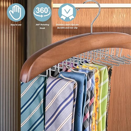 Miniatura 6 de Gancho de corbata de madera, soporte para corbata, organizador de cinturón para armario, 24 ganchos giratorios de 360 para cinturón de corbata de