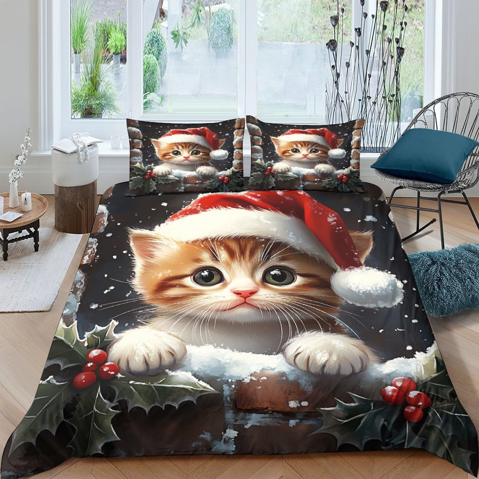 Housse de couette chat de Noël idée cadeau idéale pour les fêtes de fin d'année