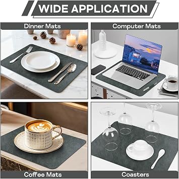 PU Leather Vinyl Placemats Set of 6 Waterproof Wipeable Place Mats Heat Resistant Reversible Kitchen Table Mats for Dining, Outdoor, Party 16.9 x 11.8 Inch (Gray, Set of 6)