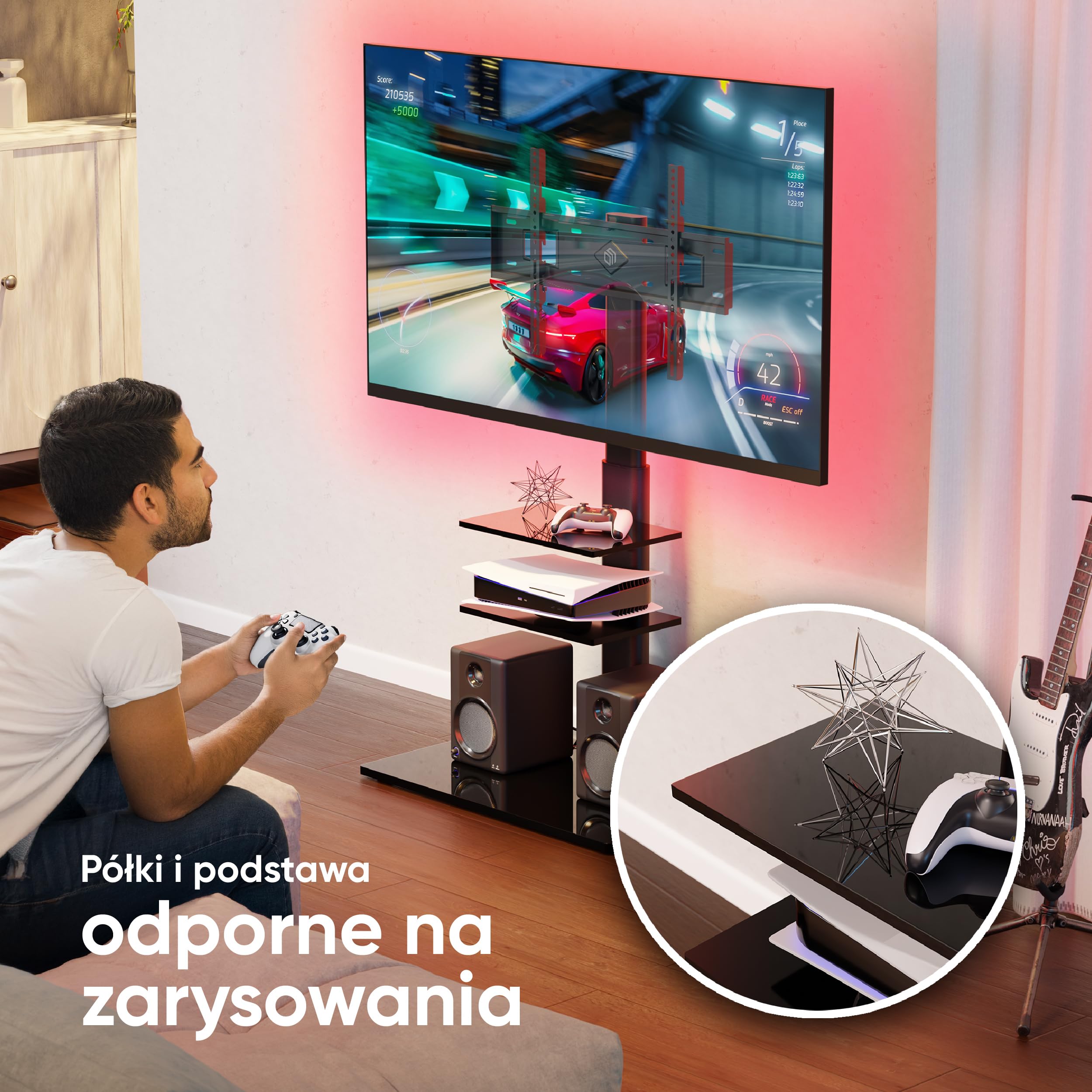 ONKRON Stojak pod TV 32-65 cali, 30 kg, max VESA 600x400, TS5550-B | Uchwyt stojący na telewizor czarny, -25°/+25° obrotow, regulacja wysokości, półki ze szkła hartowanego, kable; do biura, domu