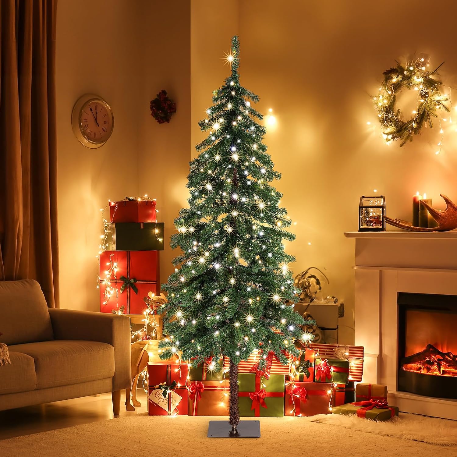 VINGLI 6ft Pre-lit Artificial Christmas Tree with Warm White LED Light, Slim Xmas Tree with 344 Realistic Branch Tips for Home, Office, Party Decoration Indoor Outdoor