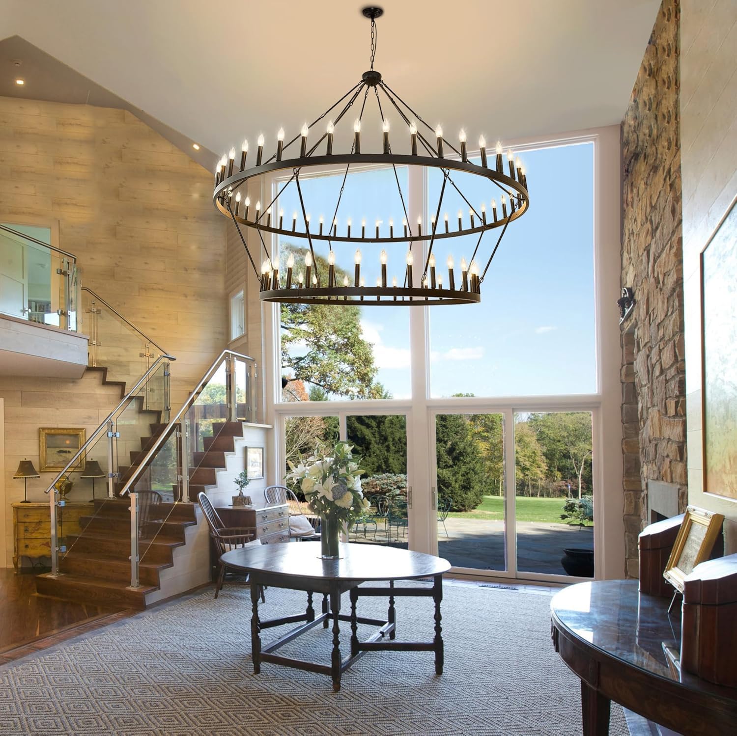 80 inch Wagon Wheel Chandelier, 2-story 56 light black farmhouse countryside pendant light, suitable for indoor and outdoor porch, high ceiling church, reception desk above living room and foyer