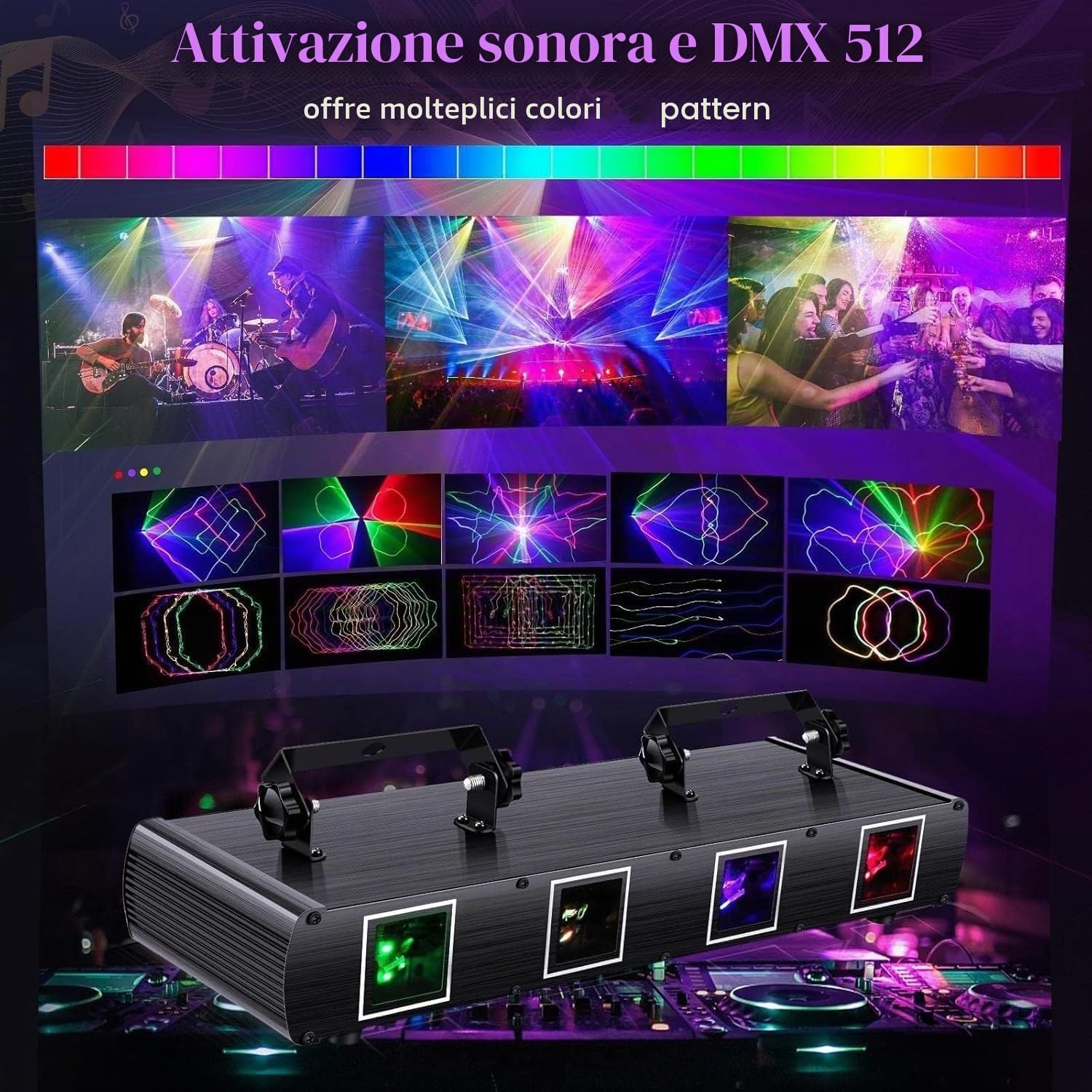 Luci da discoteca, proiettore di luci laser stroboscopiche ad attivazione sonora con effetto a 4 raggi, for feste al chiuso, for compleanni, discoteche, KTV, club, palco, DJ.
