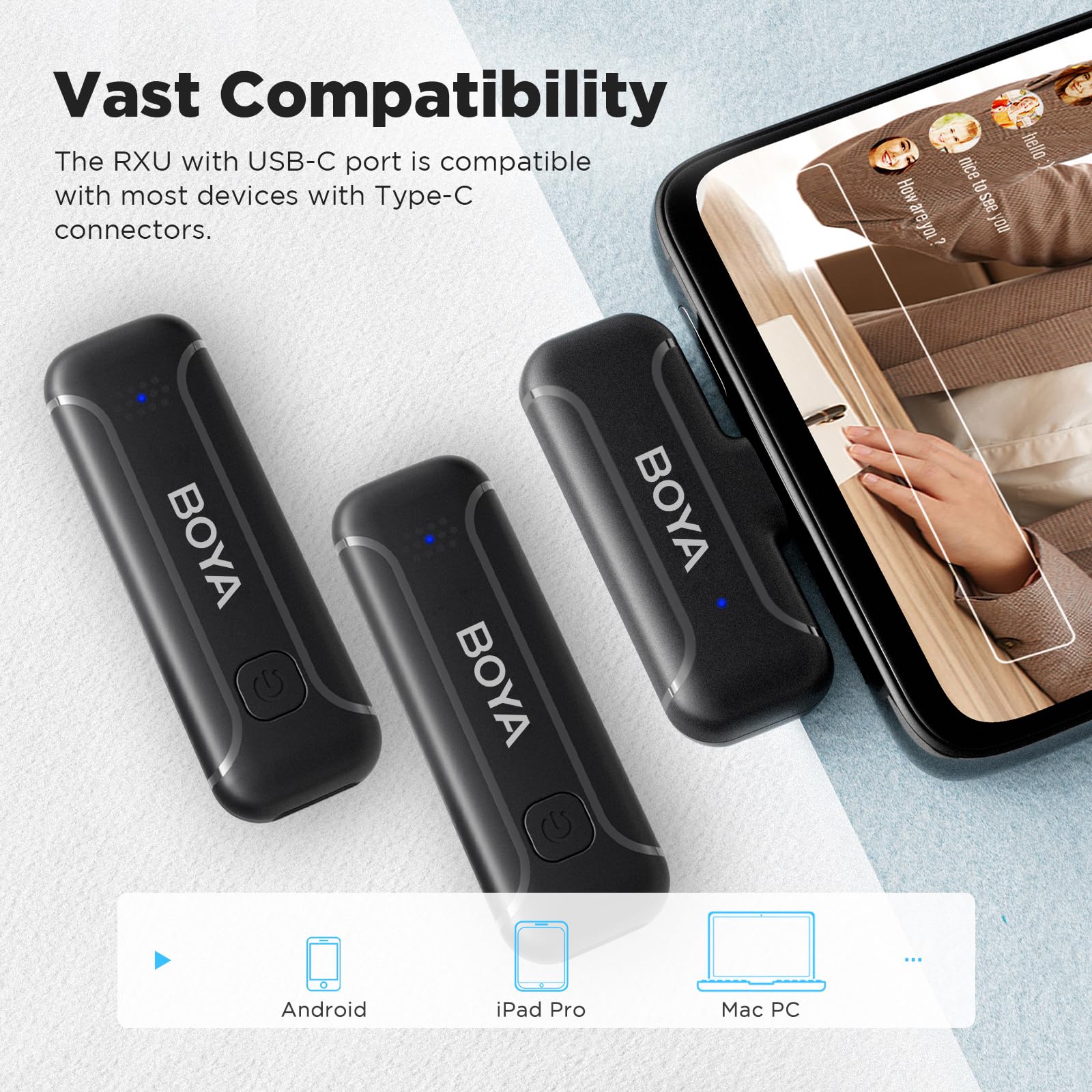 BOYA BY-WM3T-U2 Micrófono Lavalier inalámbrico, doble canal, duración de la batería de hasta 30 horas, interfaz USB-C compatible con portátiles Android Smartphone, adecuado para grabación de vlog
