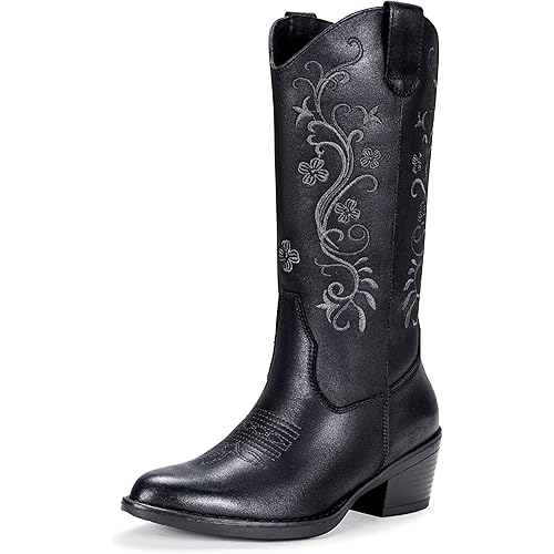 Vepose Women's Cowboy Boots, Embroidered Western Mid-Calf 9802 Cowgirl Boots, Pointed Toe Pull on Boots with Chunky Heel