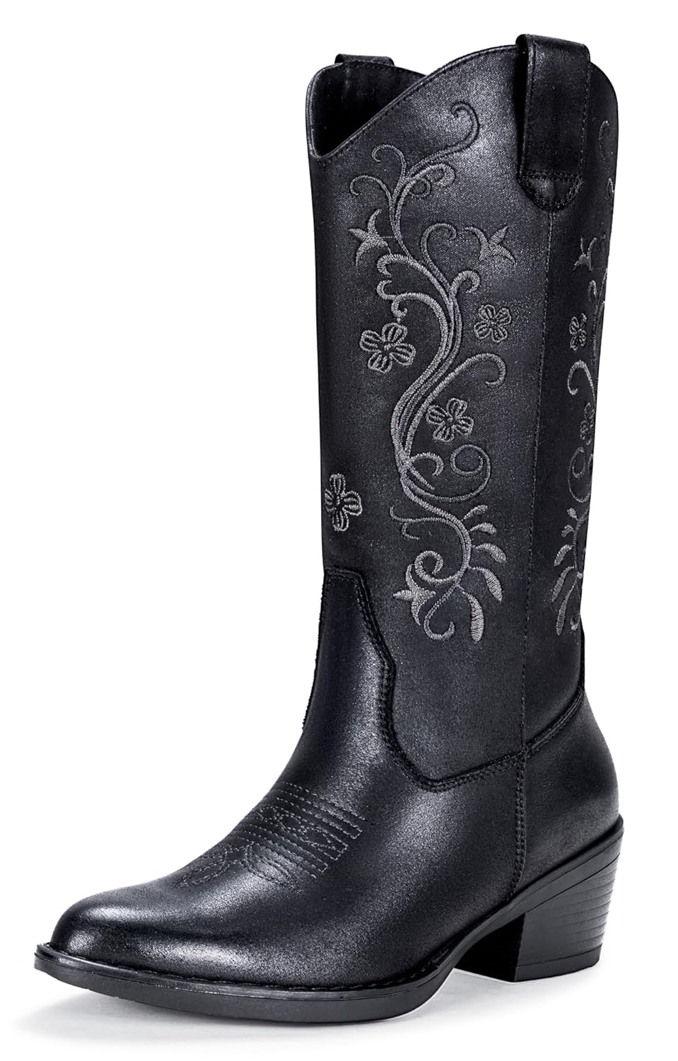 Vepose Womens Cowboy Boots Embroidered Western Mid-Calf 9802 Cowgirl Boots Pointed Toe Pull on Boots with Chunky Heel
